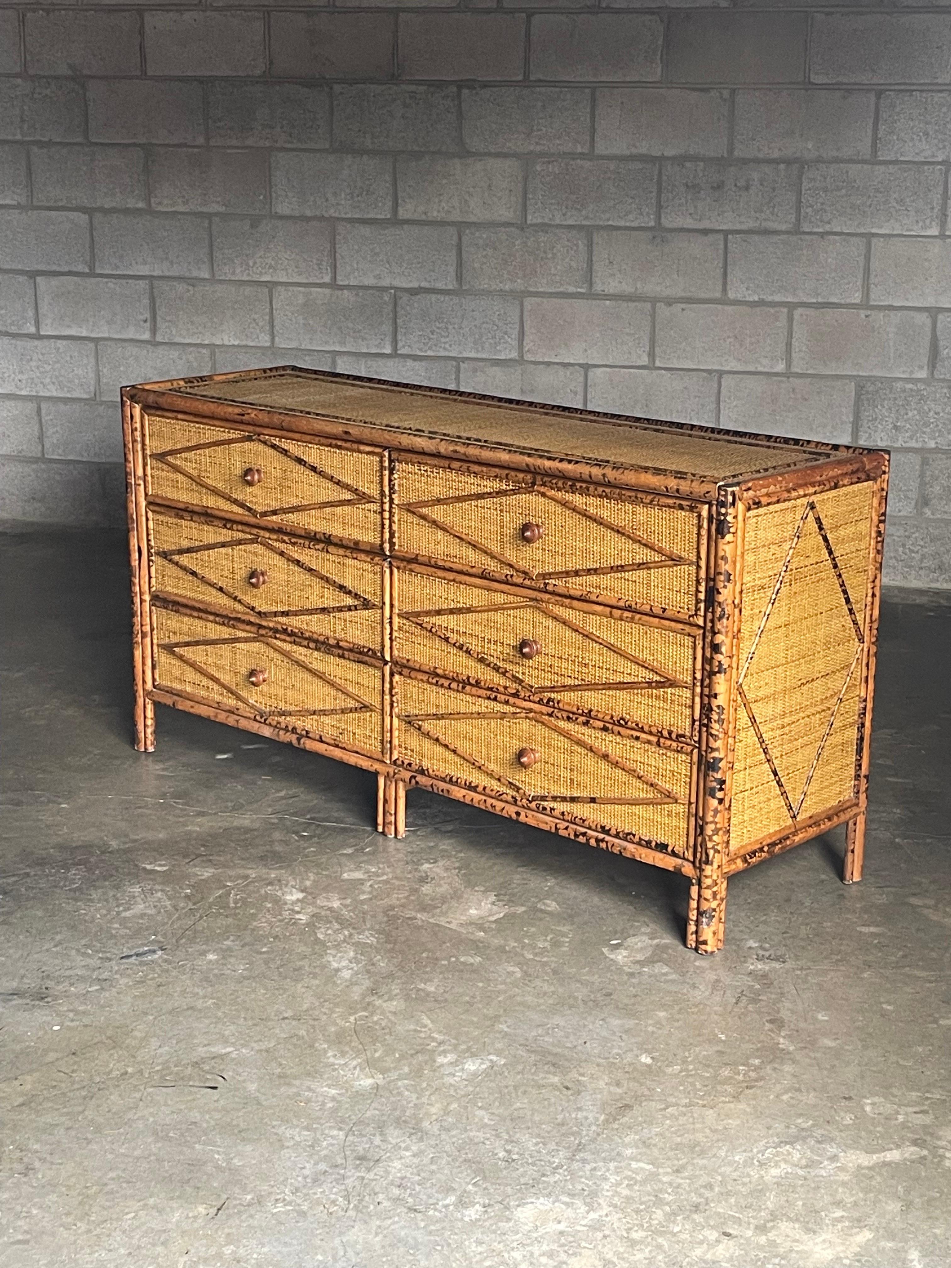 Unknown Vintage British Colonial Style Burnt Bamboo and Rattan Lowboy Dresser