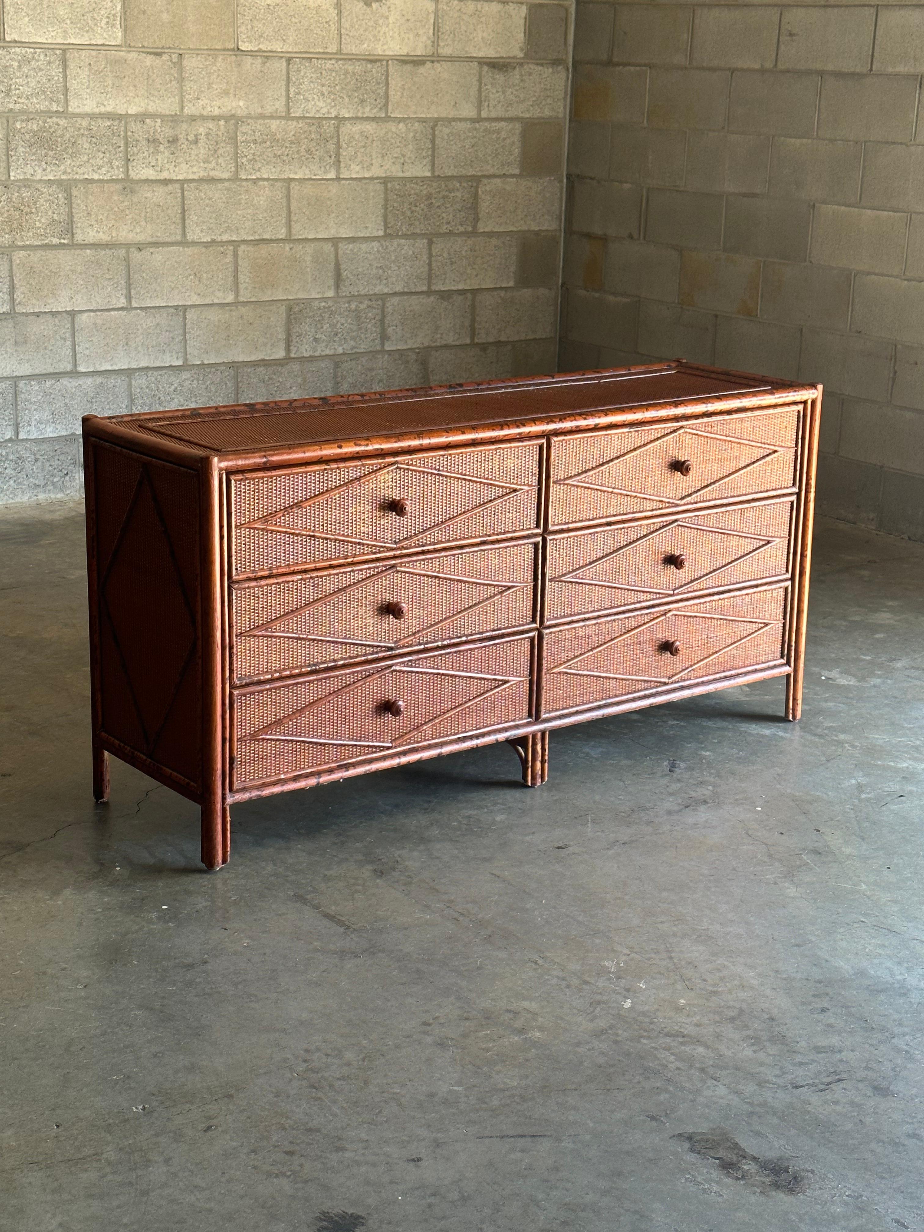 American Vintage British Colonial Style Burnt Bamboo and Rattan Lowboy Dresser