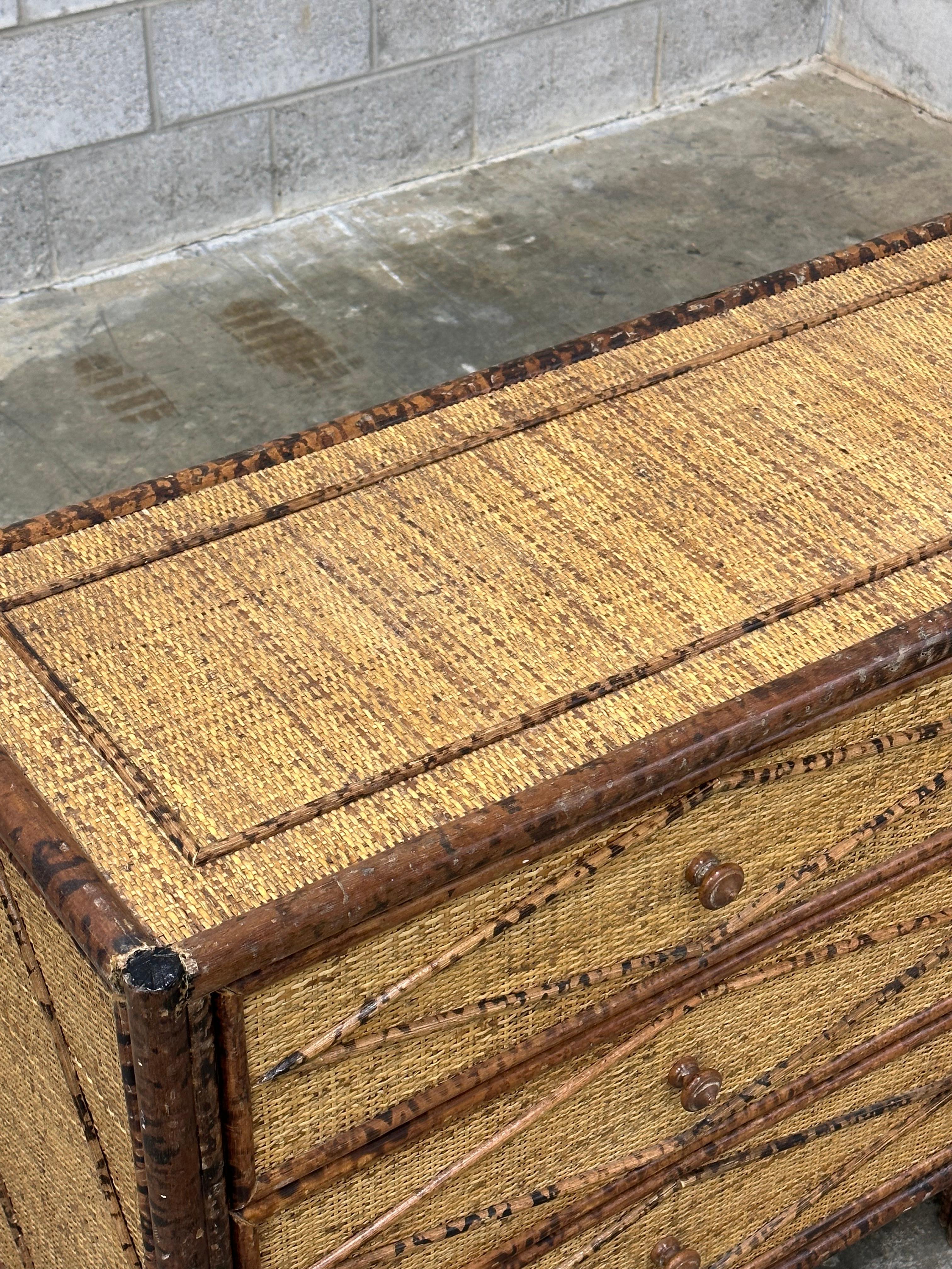 Philippine Vintage British Colonial Style Burnt Bamboo and Rattan Lowboy Dresser