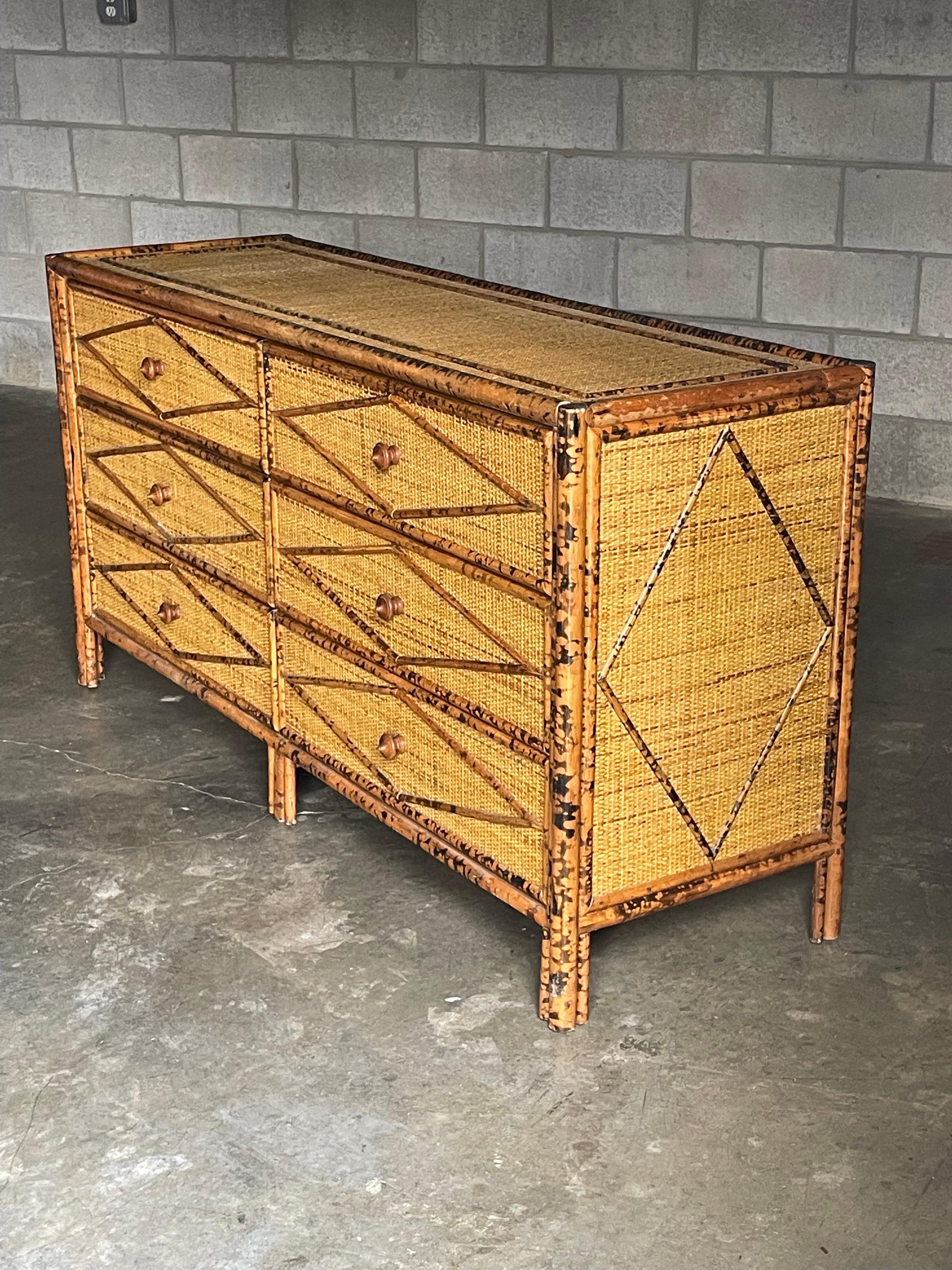Vintage British Colonial Style Burnt Bamboo and Rattan Lowboy Dresser In Good Condition In St.Petersburg, FL