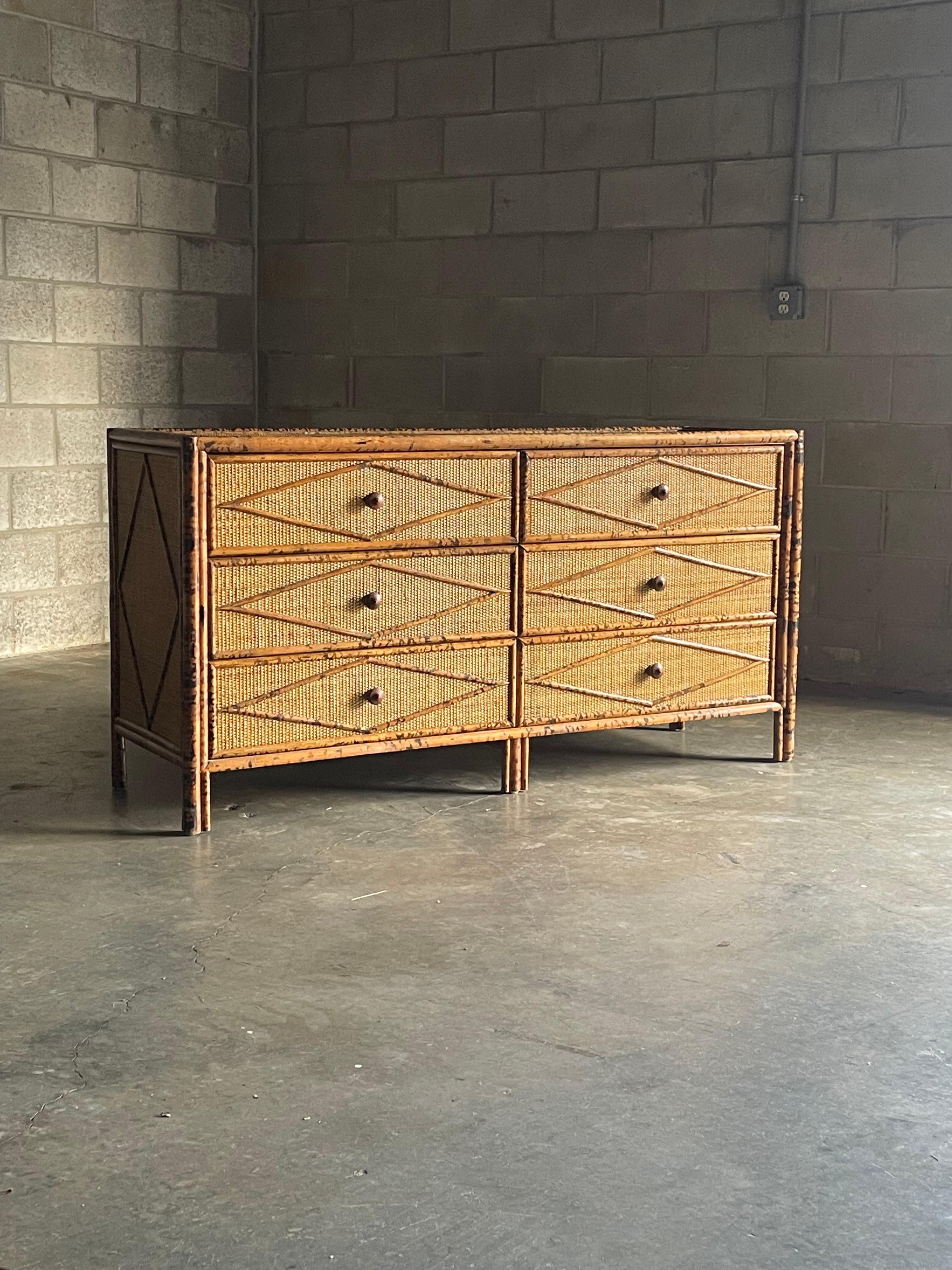 Late 20th Century Vintage British Colonial Style Burnt Bamboo and Rattan Lowboy Dresser