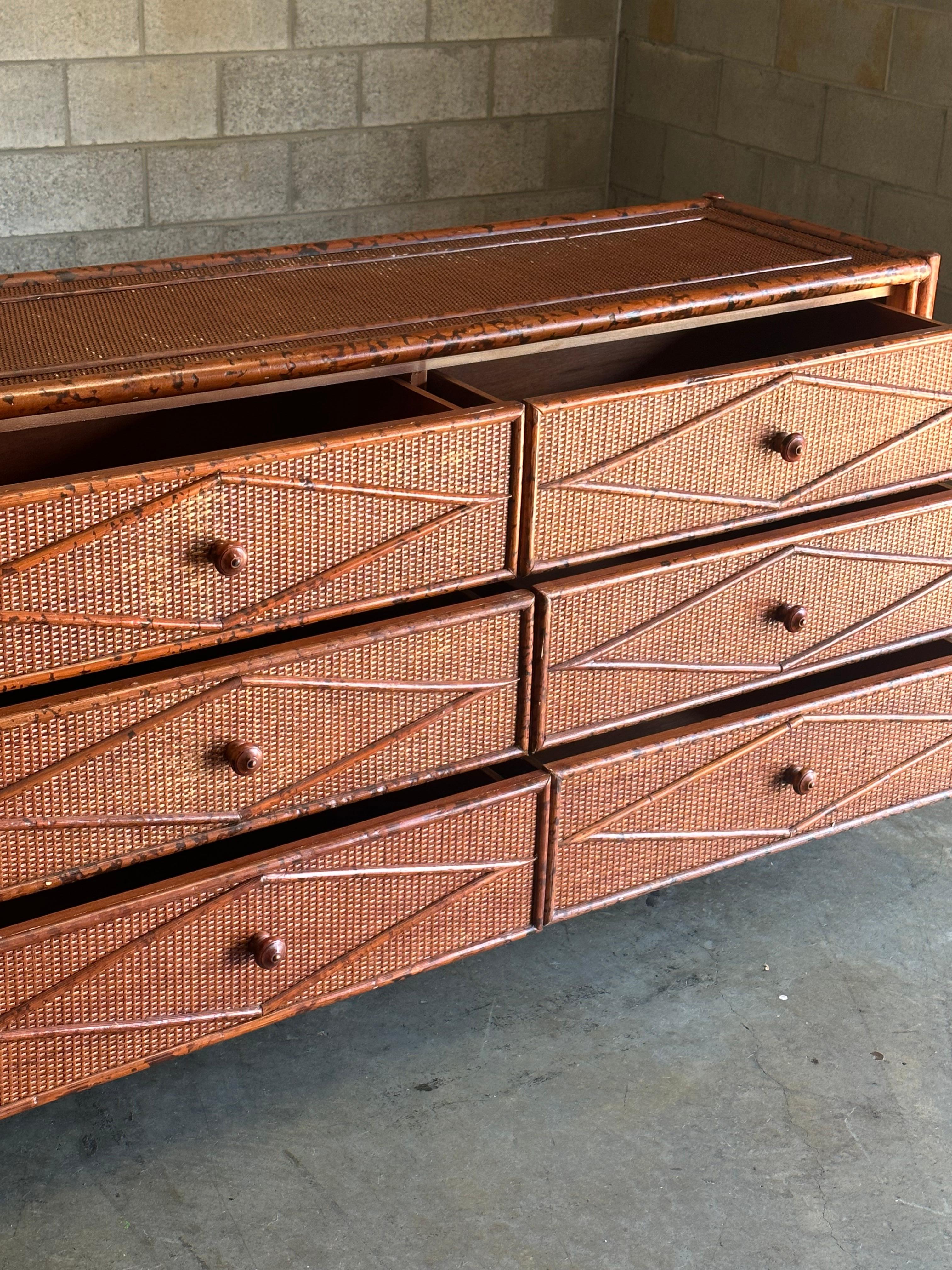 Late 20th Century Vintage British Colonial Style Burnt Bamboo and Rattan Lowboy Dresser