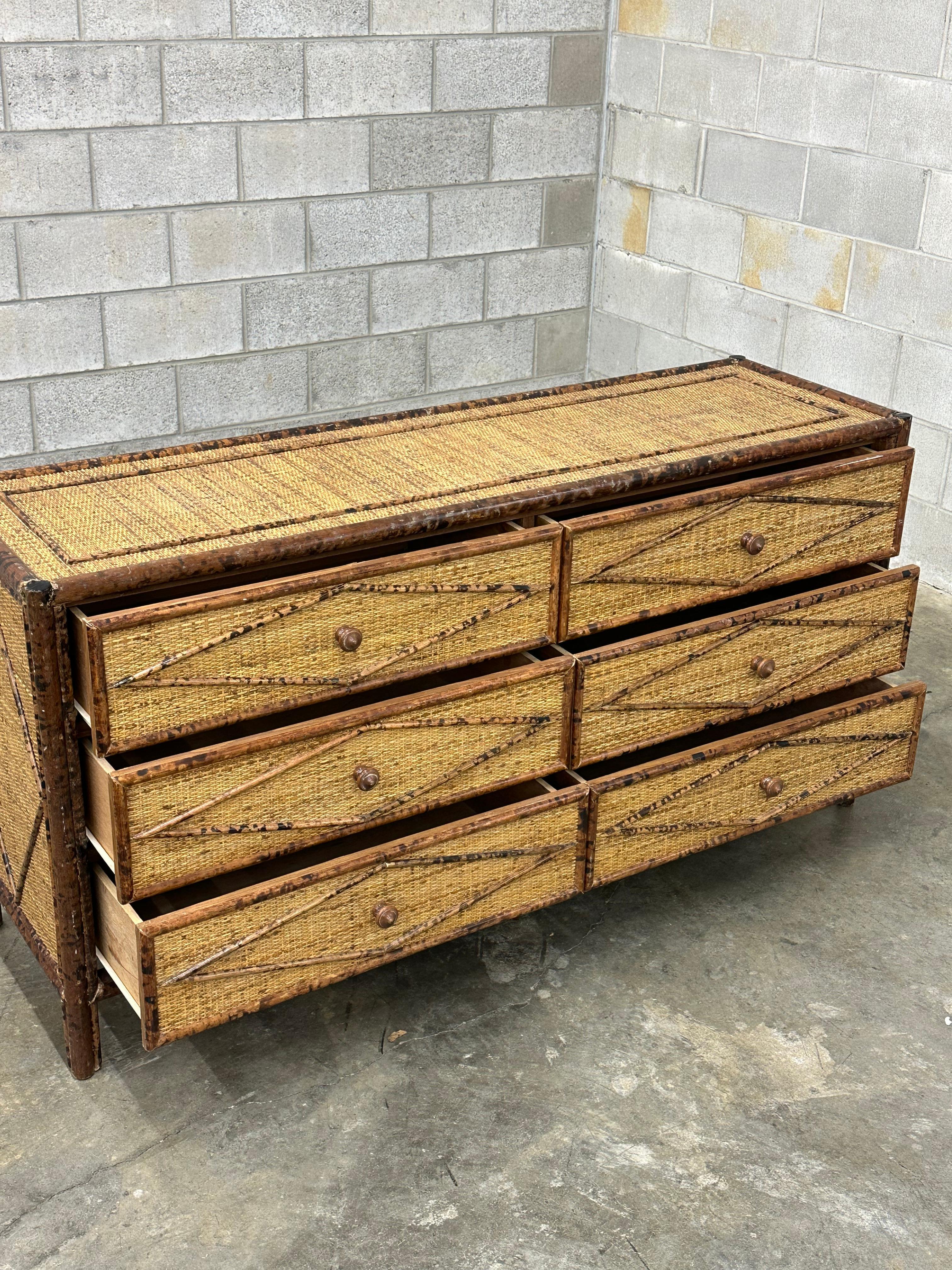 Late 20th Century Vintage British Colonial Style Burnt Bamboo and Rattan Lowboy Dresser