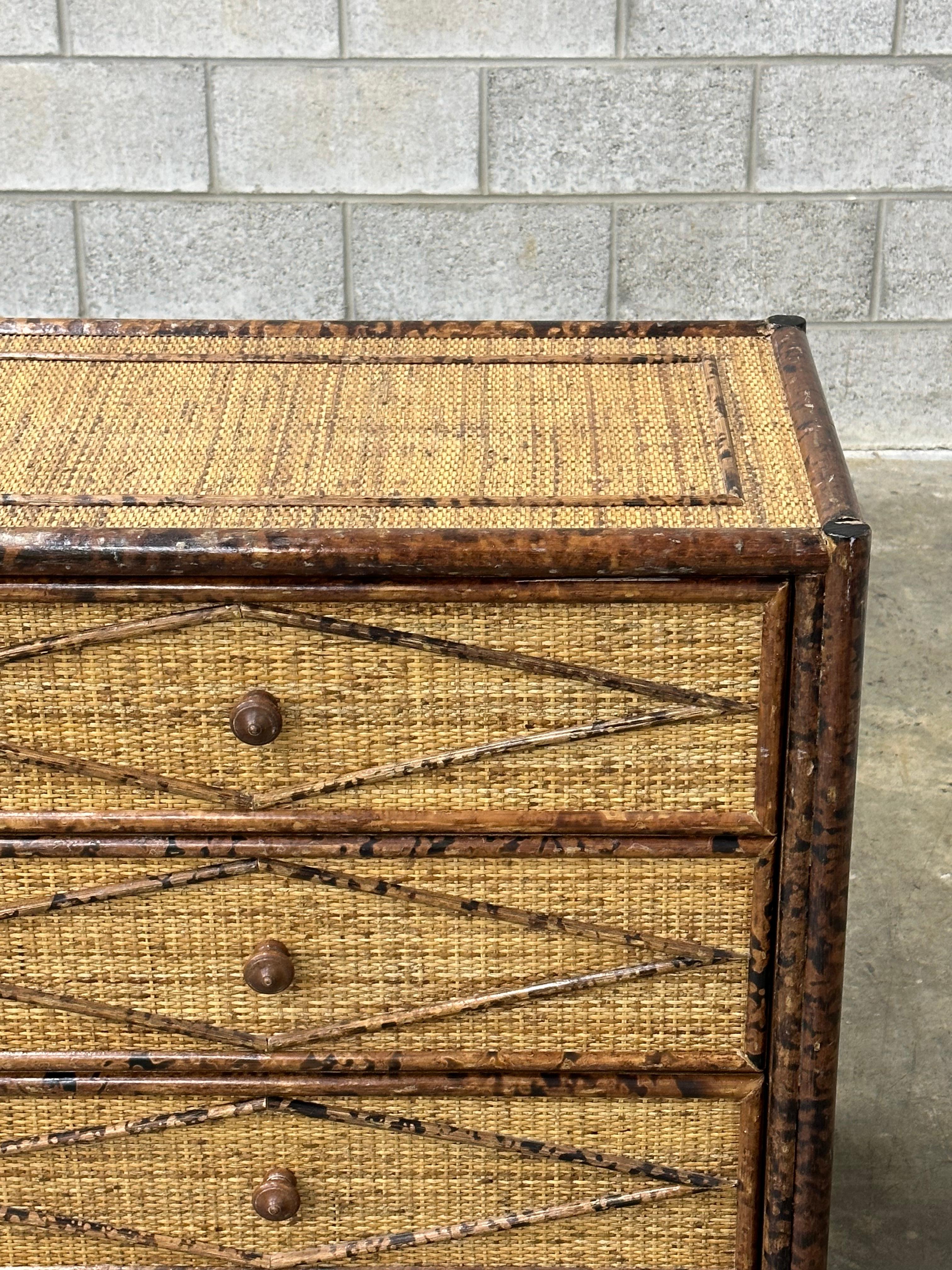 Faux Bamboo Vintage British Colonial Style Burnt Bamboo and Rattan Lowboy Dresser