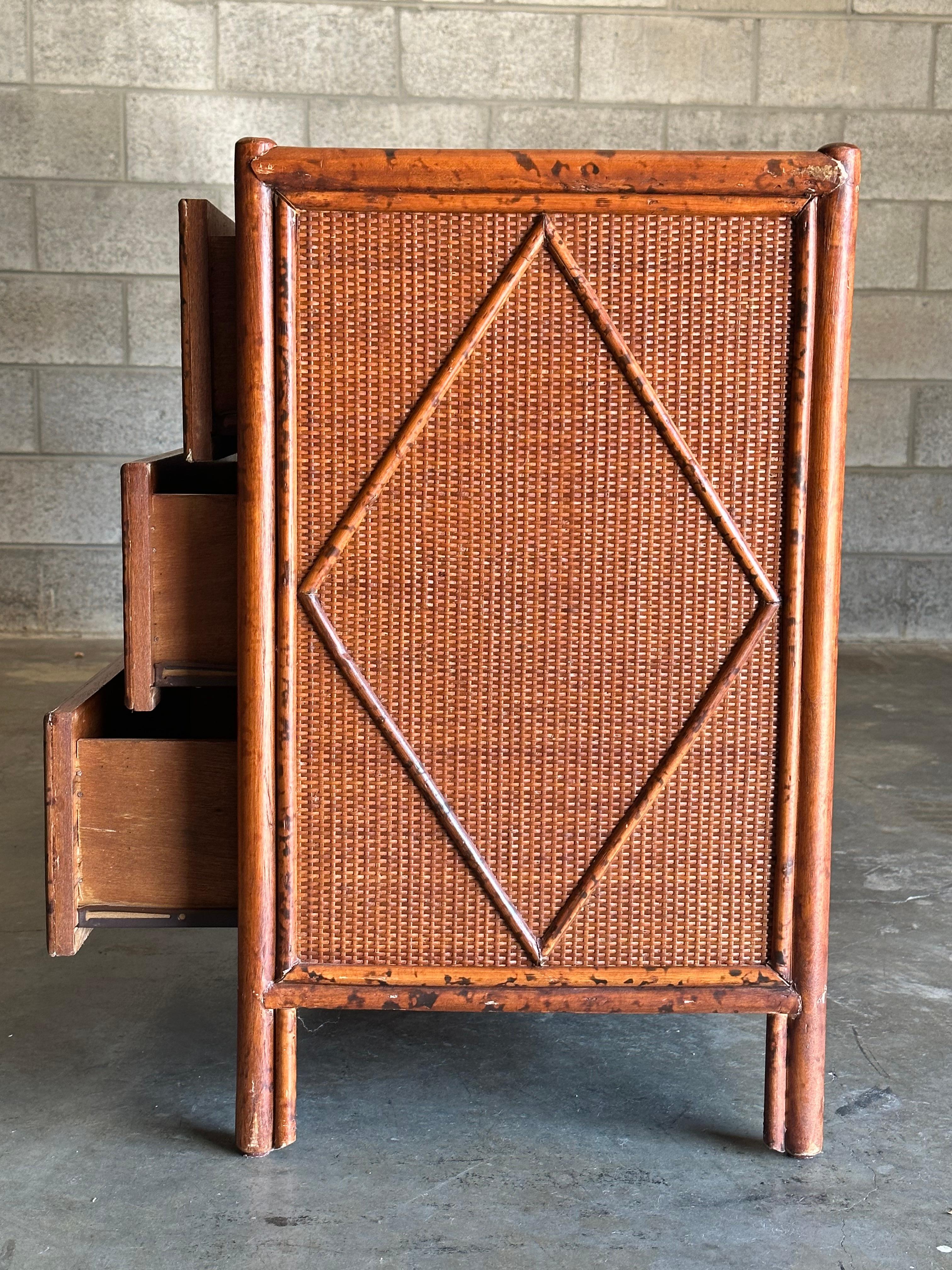 Vintage British Colonial Style Burnt Bamboo and Rattan Lowboy Dresser 1