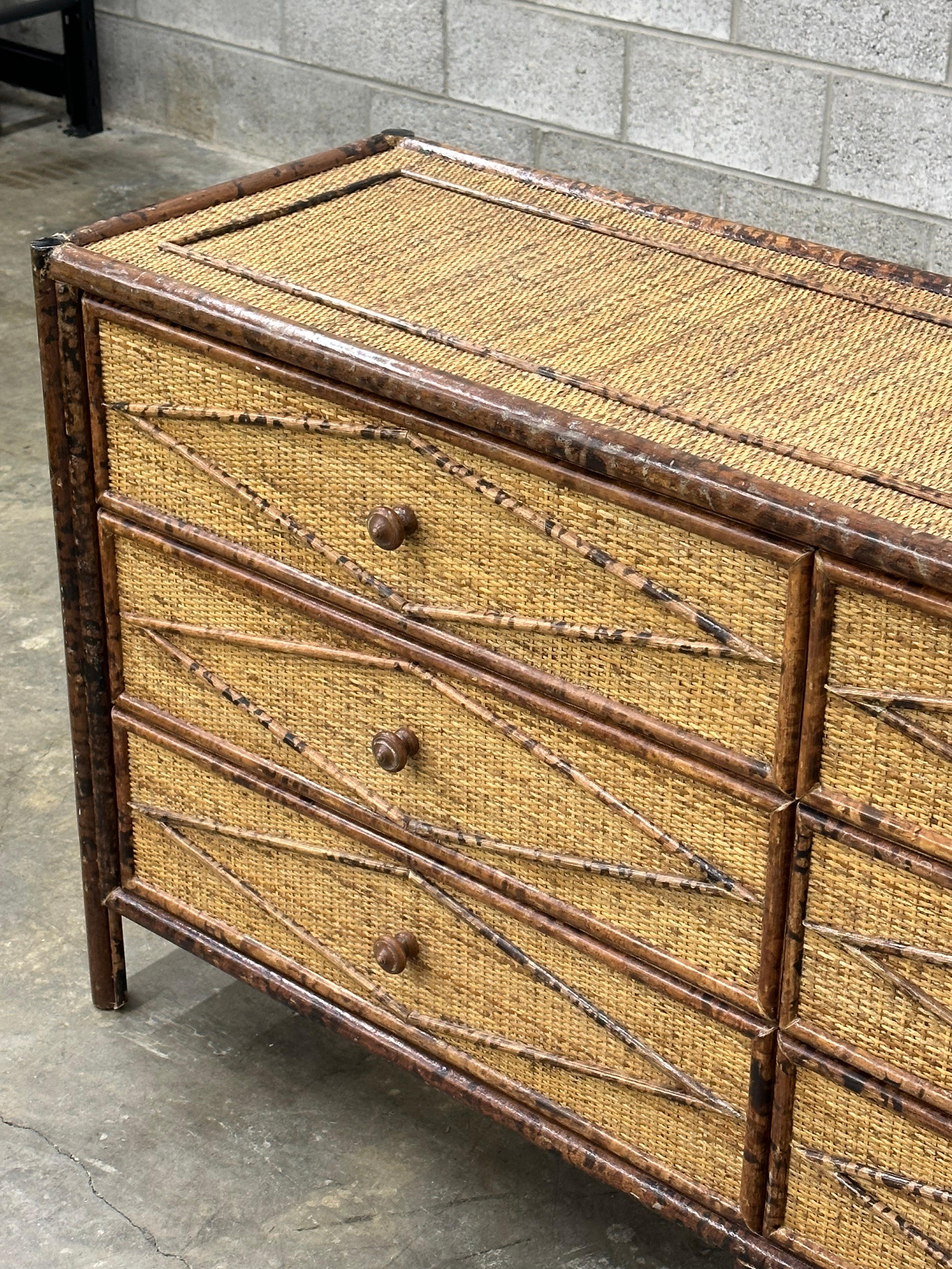 Vintage British Colonial Style Burnt Bamboo and Rattan Lowboy Dresser 1