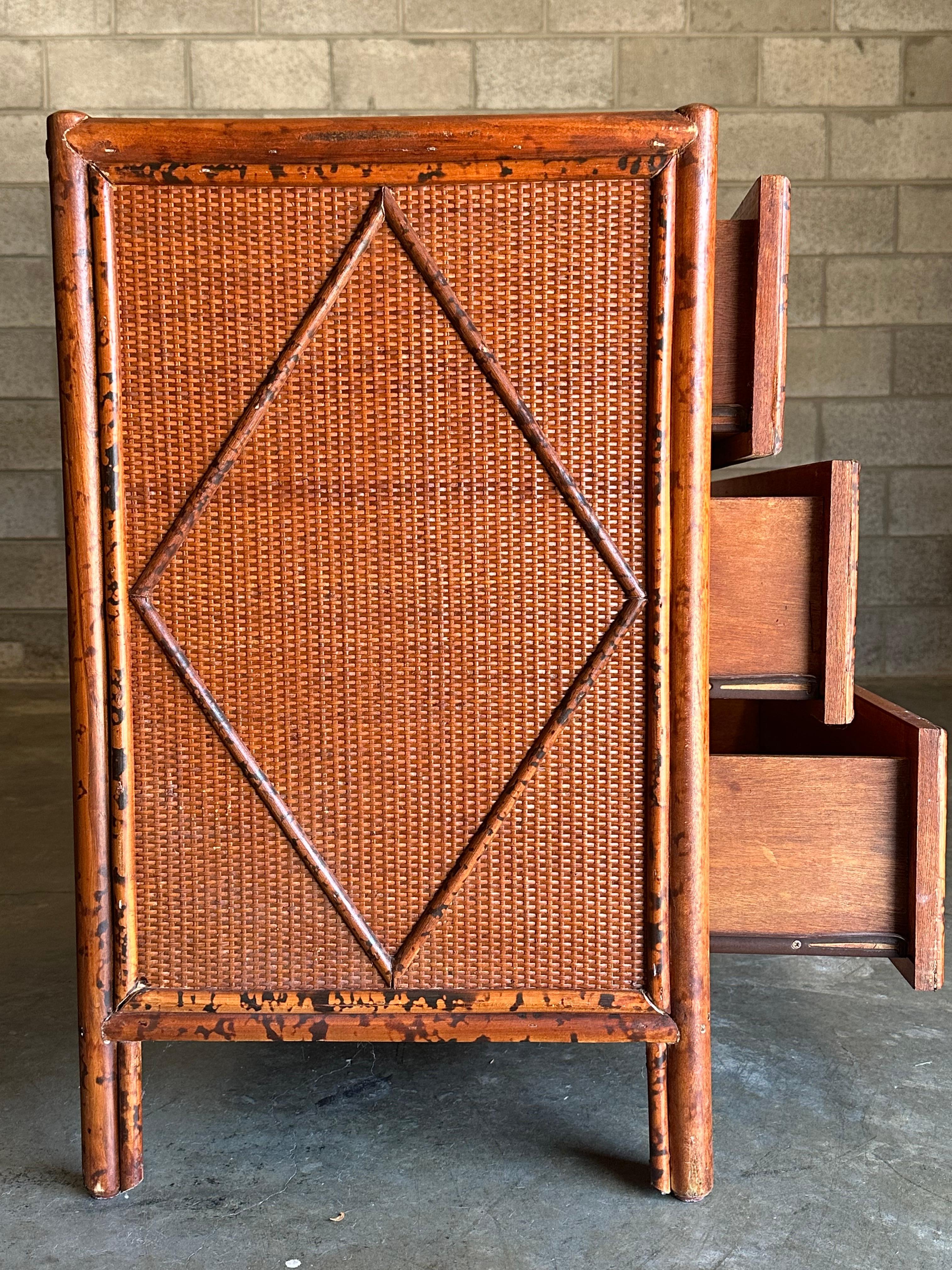 Vintage British Colonial Style Burnt Bamboo and Rattan Lowboy Dresser 2