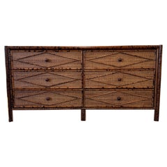Vintage British Colonial Style Burnt Bamboo and Rattan Lowboy Dresser