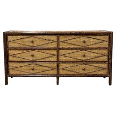 Vintage British Colonial Style Burnt Bamboo and Rattan Lowboy Dresser