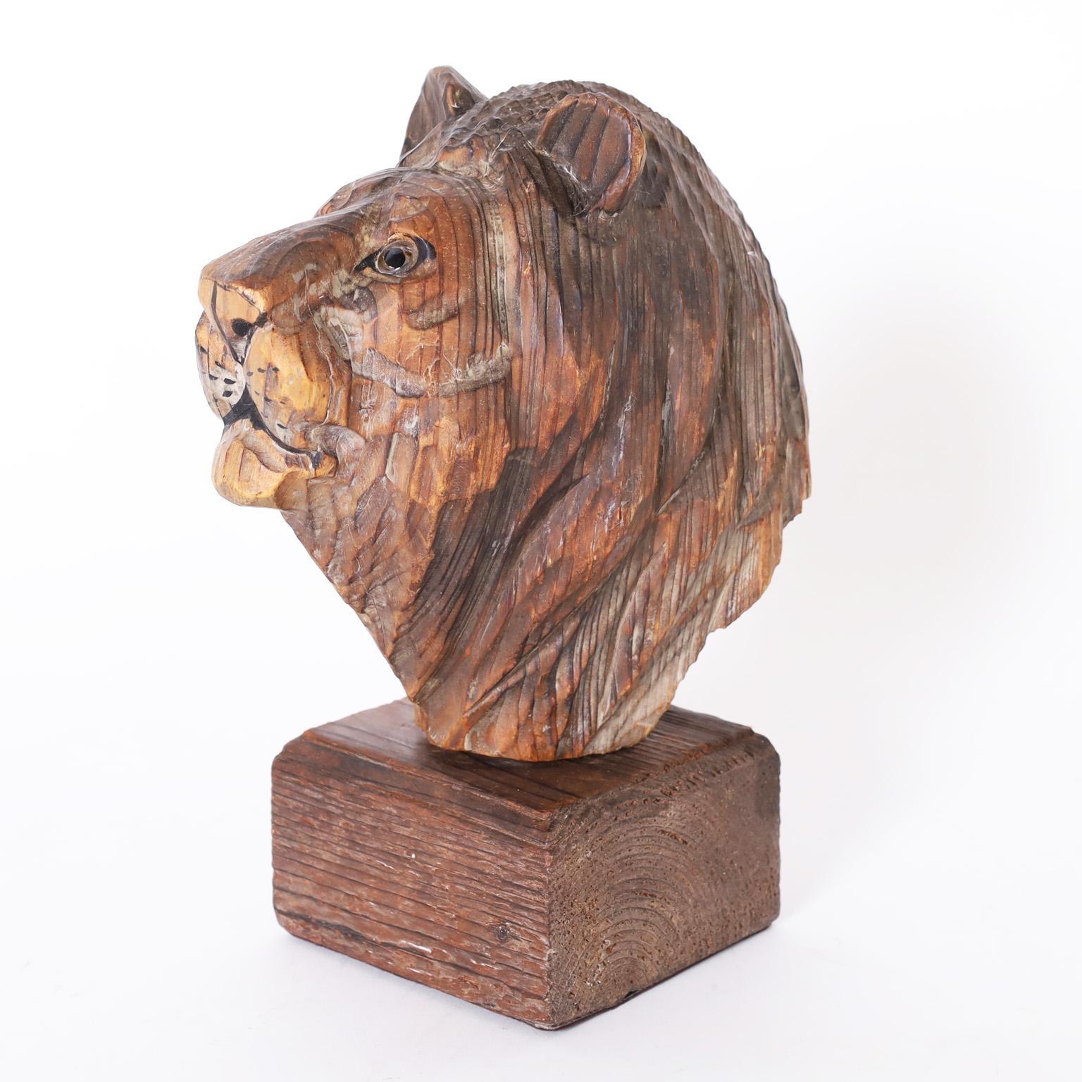 English Vintage British Colonial Style Carved Wood Lion Head