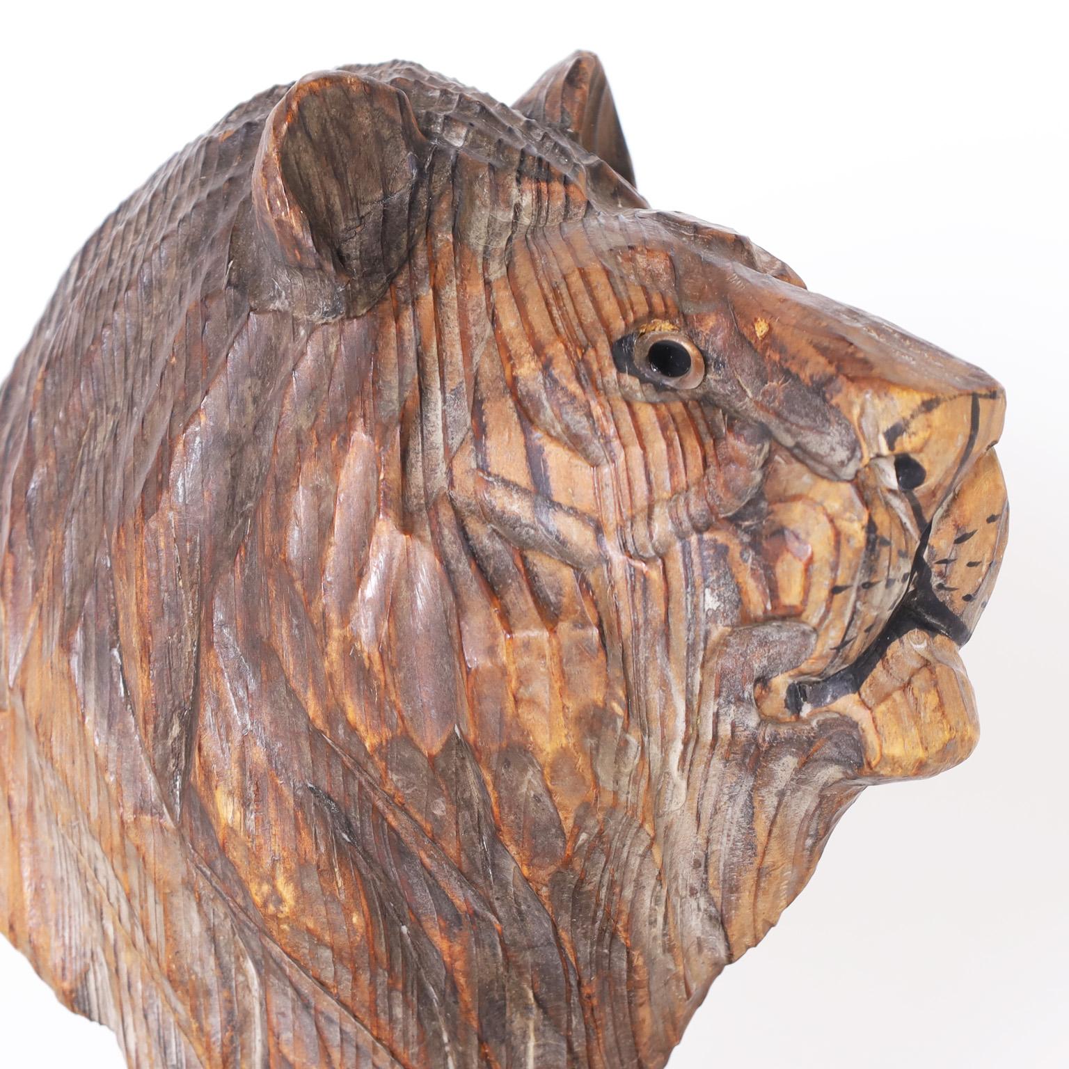 Vintage British Colonial Style Carved Wood Lion Head In Good Condition In Palm Beach, FL