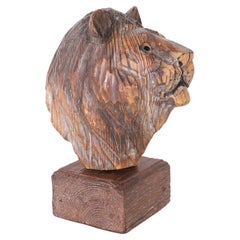 Vintage British Colonial Style Carved Wood Lion Head