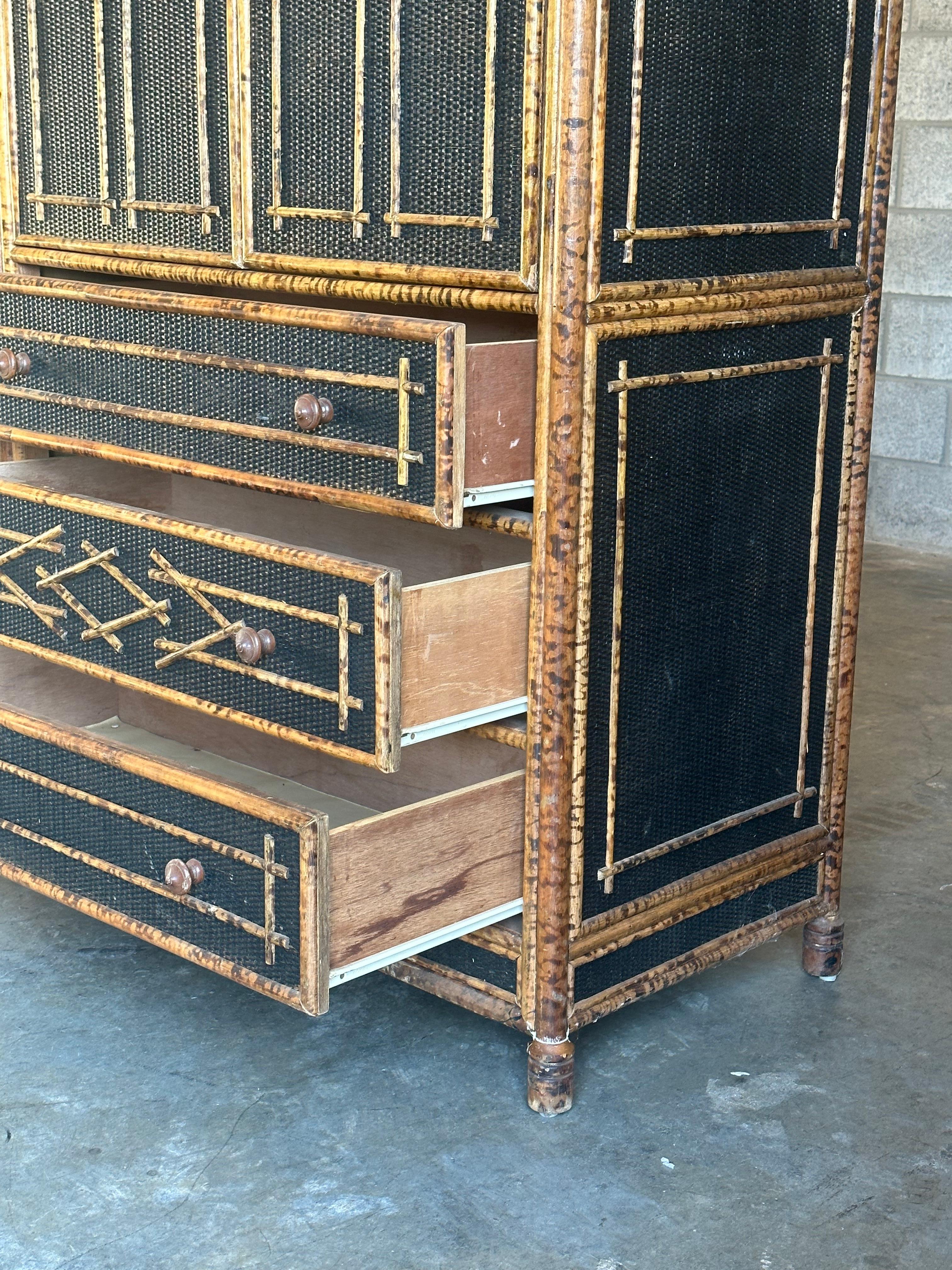 Vintage British Colonial Style Faux Bamboo and Cane Armoire 1