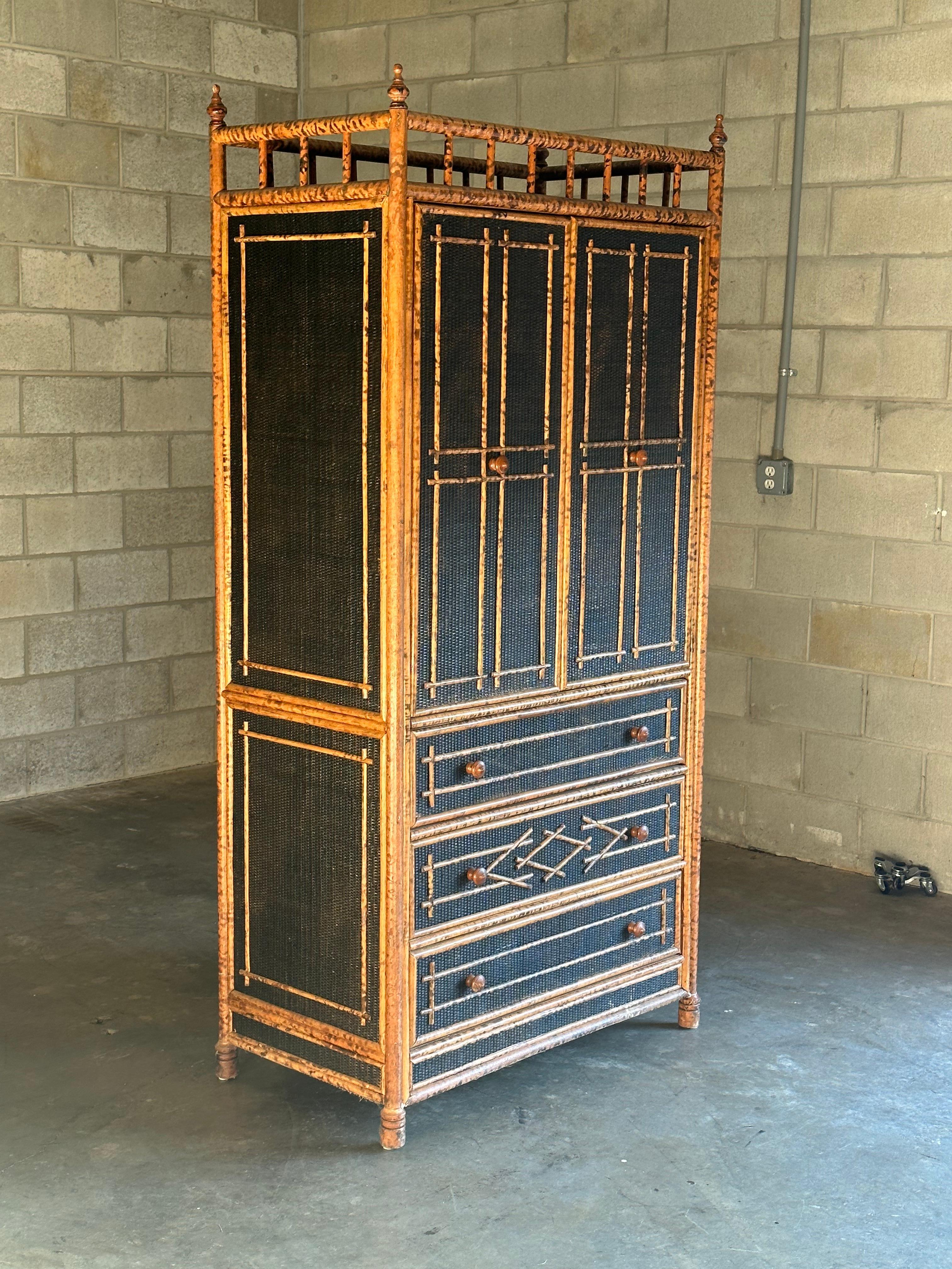 Vintage British Colonial Style Faux Bamboo and Cane Armoire 2
