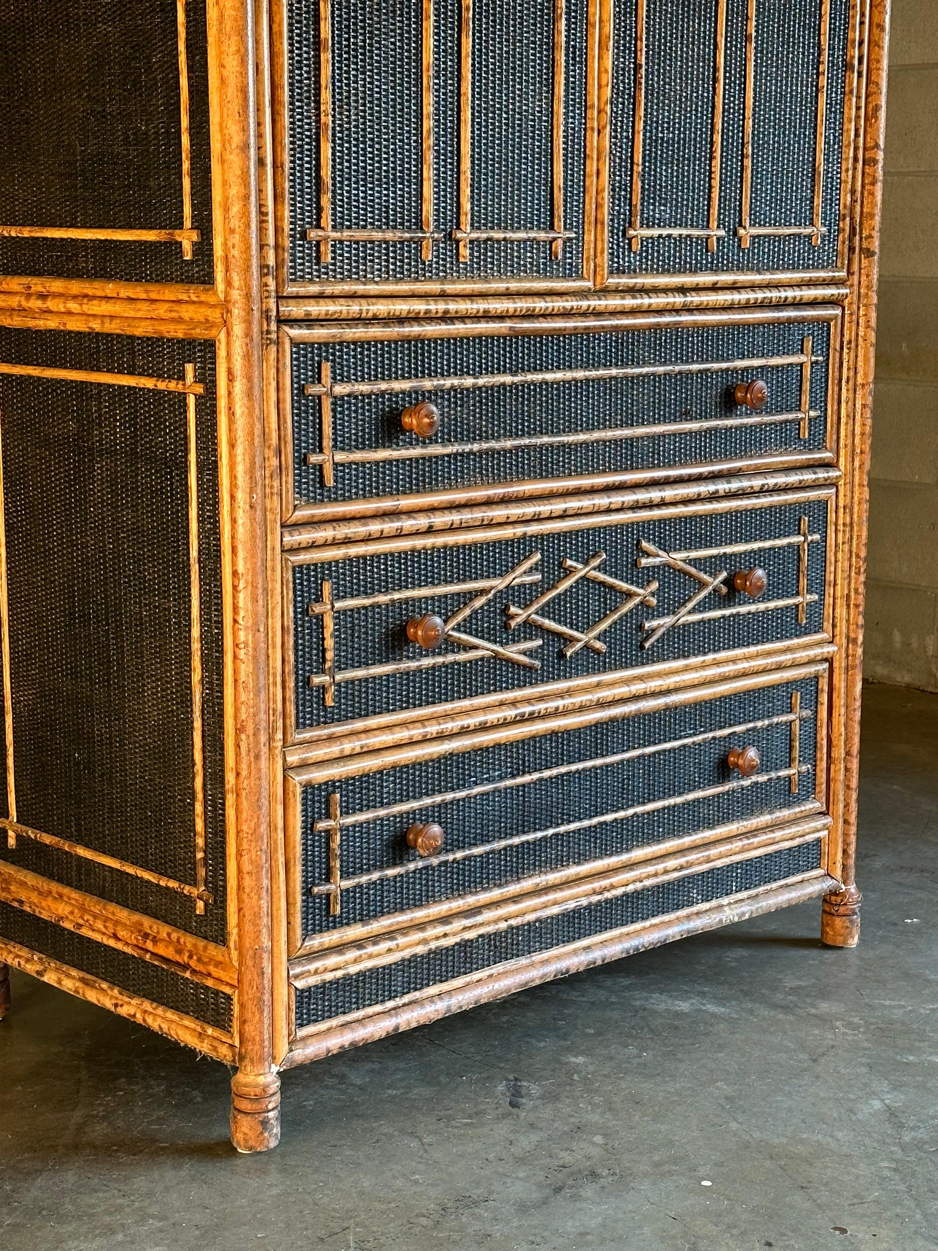 Vintage British Colonial Style Faux Bamboo and Cane Armoire 4