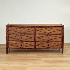 Vintage British Colonial Style Faux Bamboo and Grasscloth Chest or Dresser