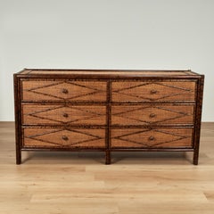 Vintage British Colonial Style Faux Bamboo and Grasscloth Dresser or Chest