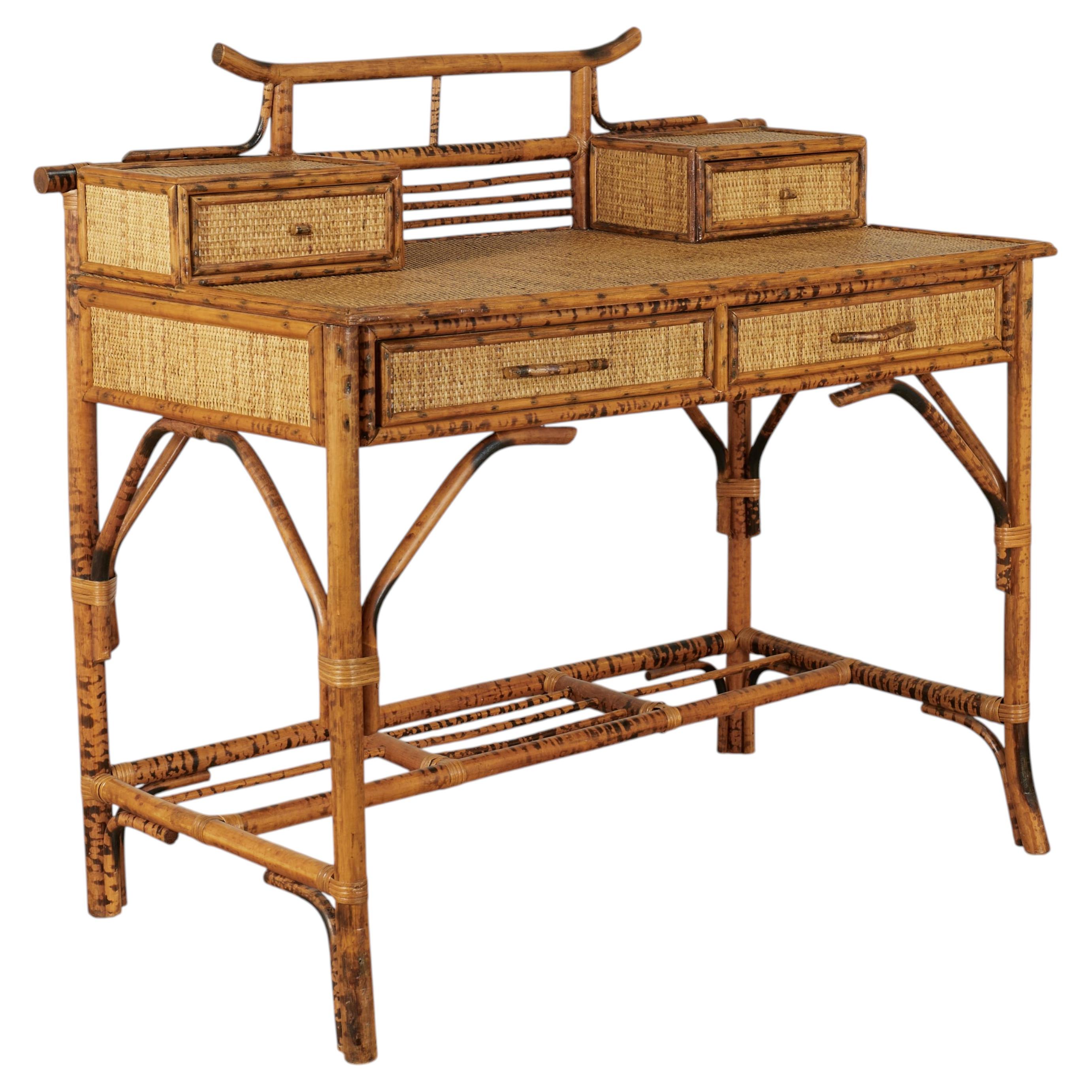 Vintage British Colonial Style Faux Burnt Bamboo and Grasscloth Pagoda Desk