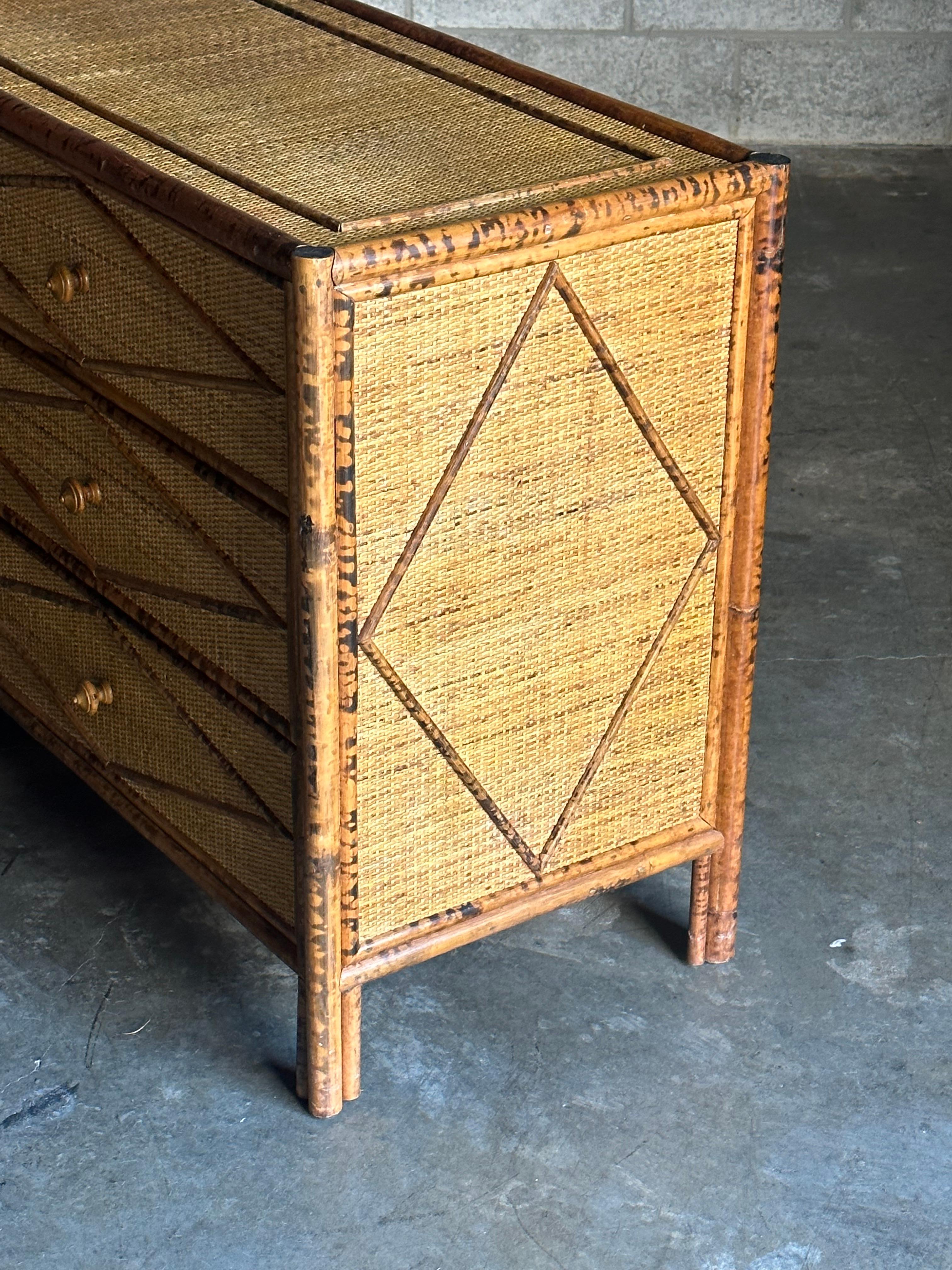 Philippine Vintage British Colonial Style Faux Burnt Bamboo and Rattan Lowboy Dresser