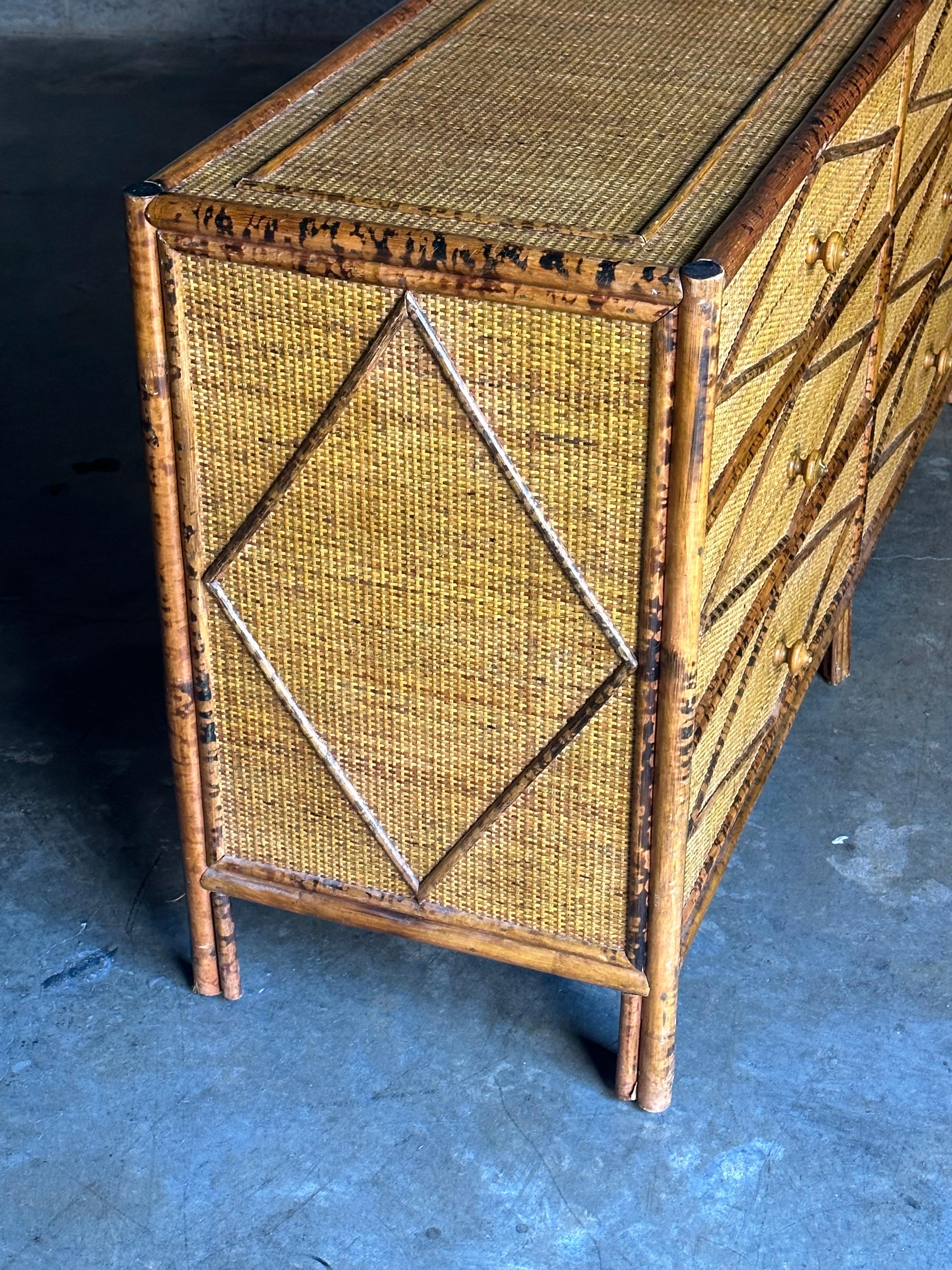 Vintage British Colonial Style Faux Burnt Bamboo and Rattan Lowboy Dresser In Good Condition In St.Petersburg, FL