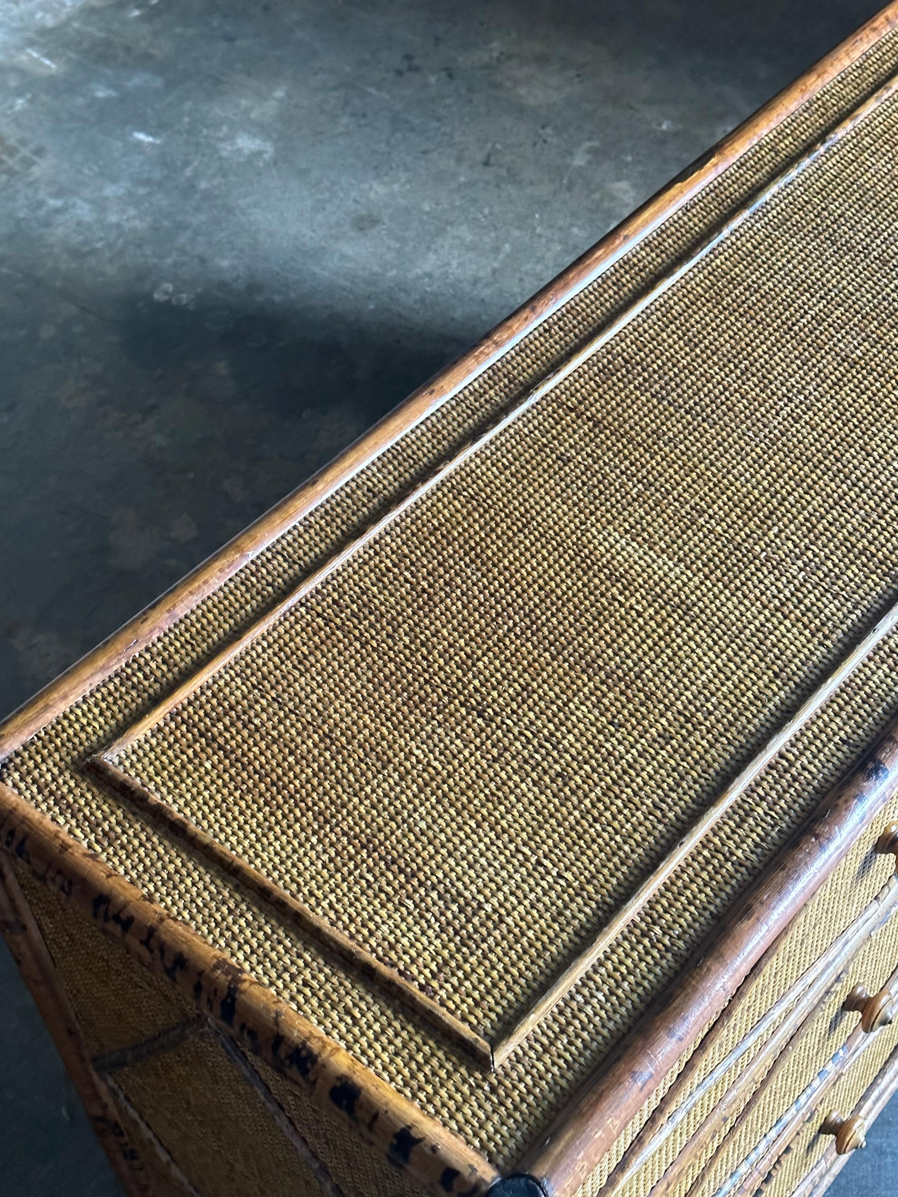 Late 20th Century Vintage British Colonial Style Faux Burnt Bamboo and Rattan Lowboy Dresser