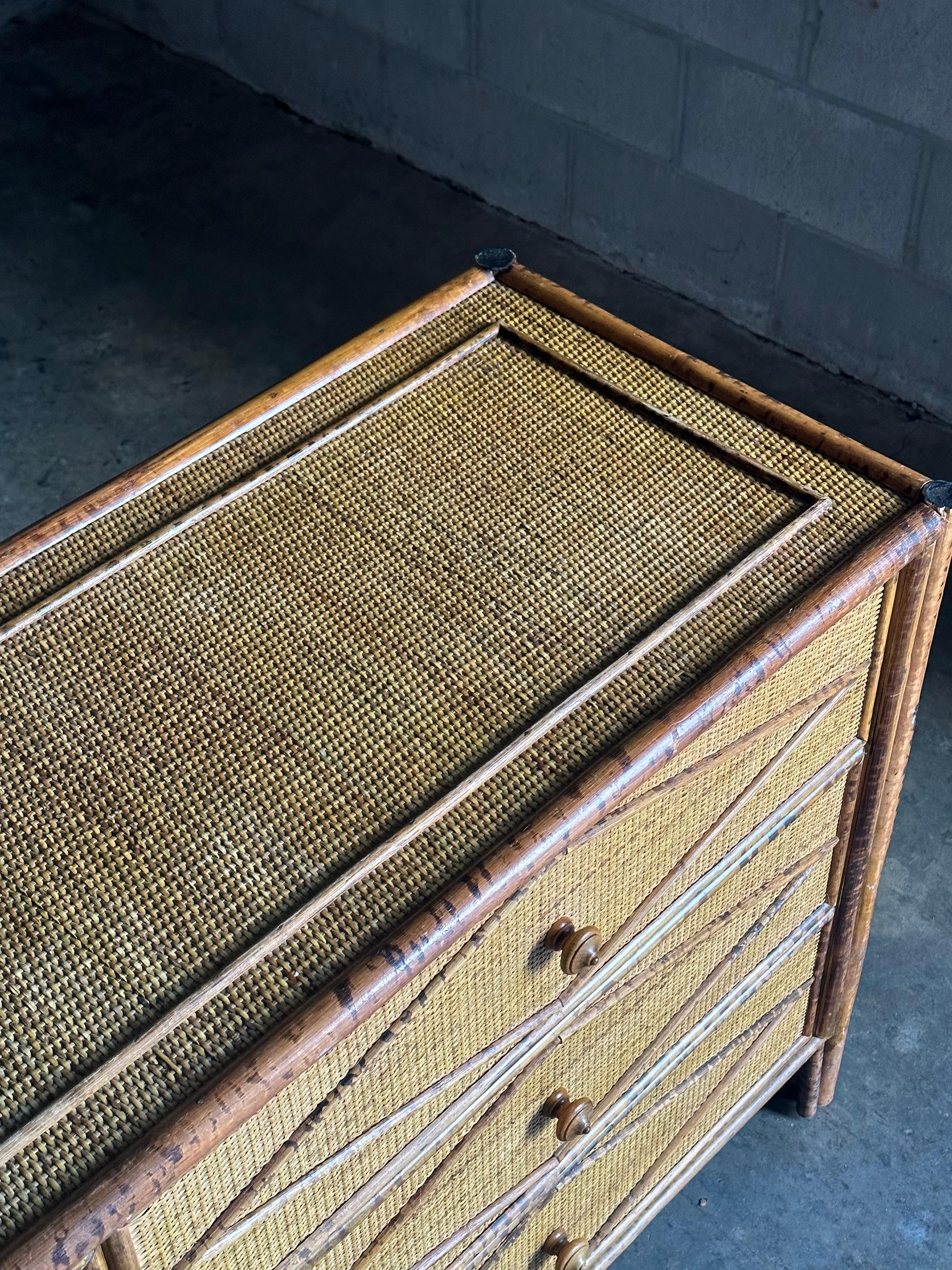 Faux Bamboo Vintage British Colonial Style Faux Burnt Bamboo and Rattan Lowboy Dresser