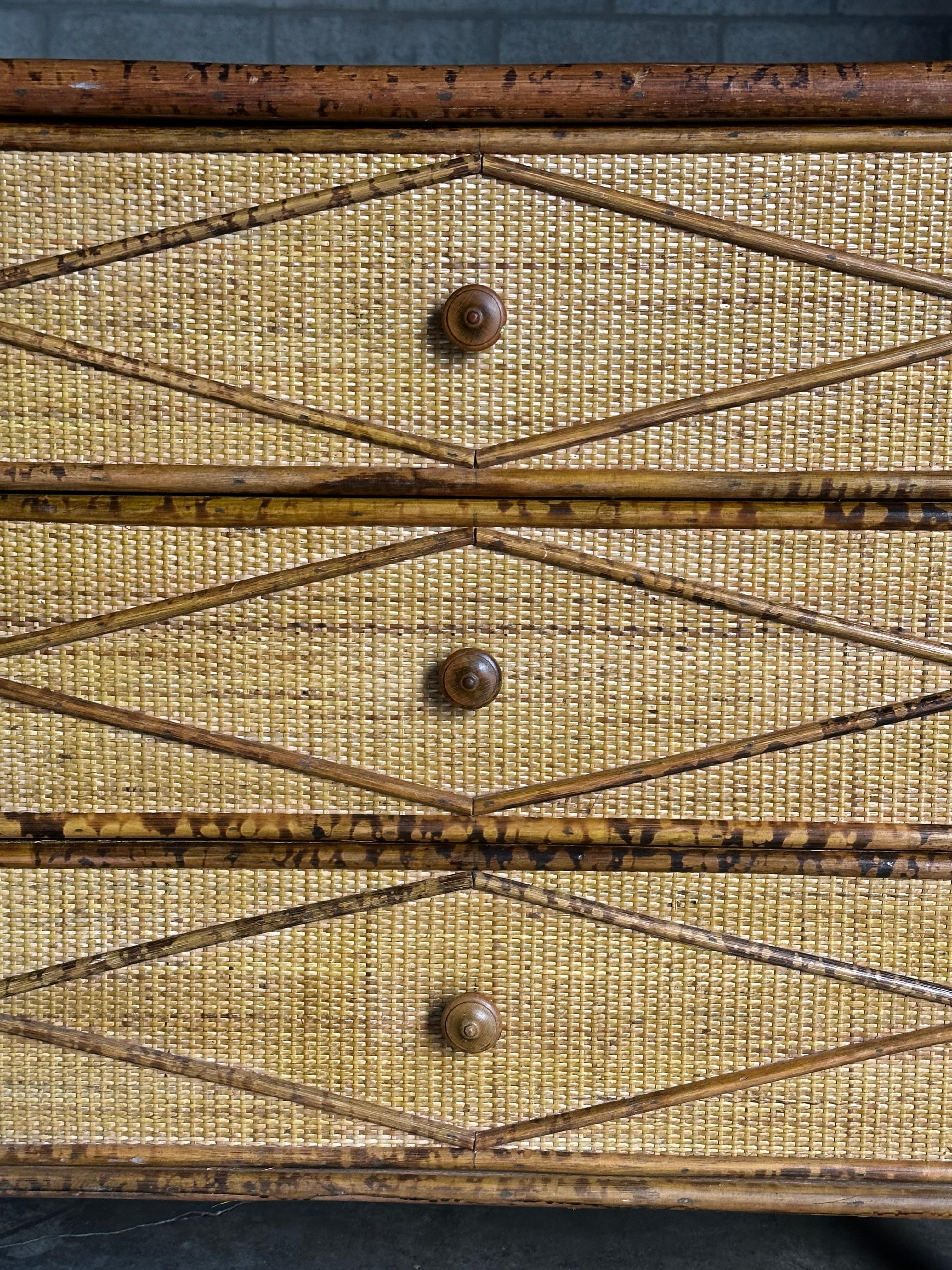 Vintage British Colonial Style Faux Burnt Bamboo and Rattan Lowboy Dresser 1
