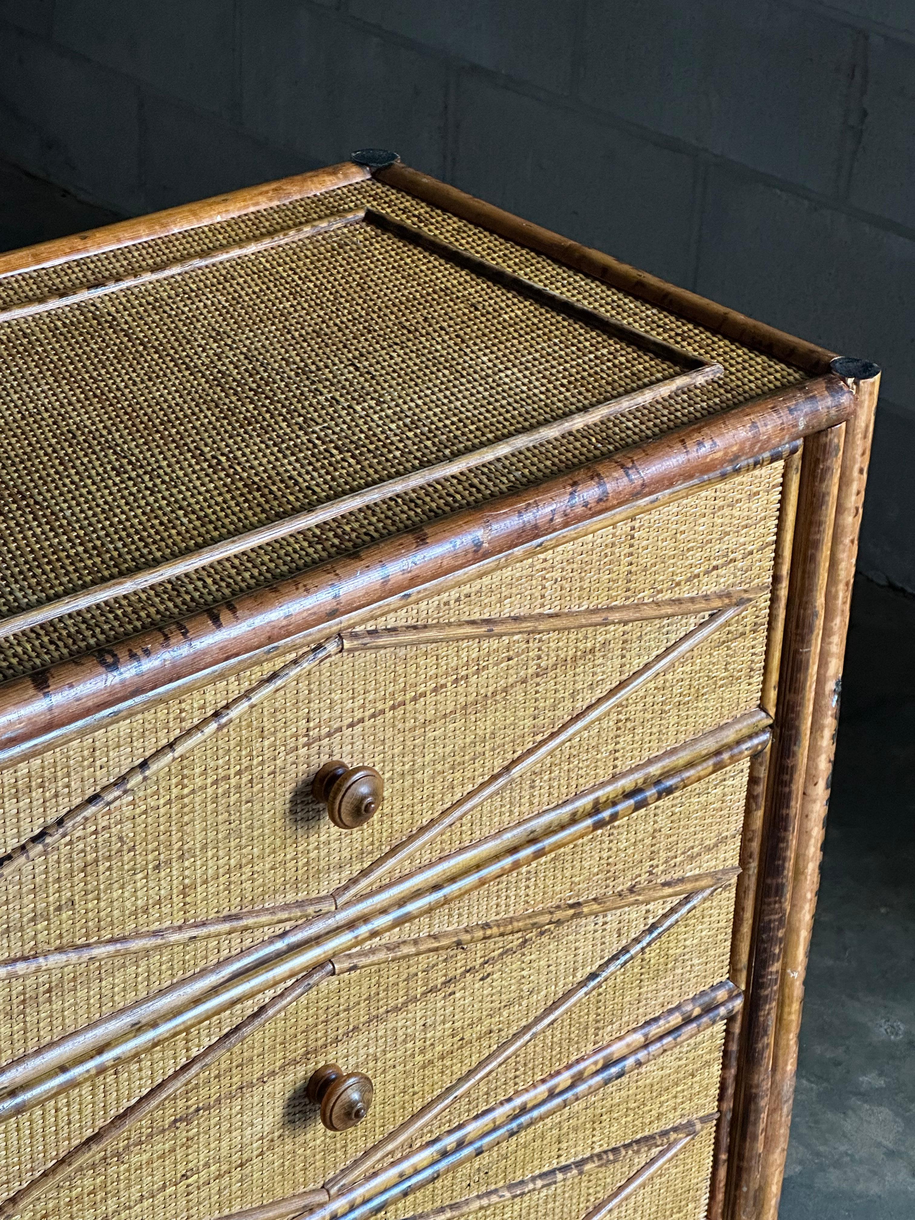 Vintage British Colonial Style Faux Burnt Bamboo and Rattan Lowboy Dresser 2