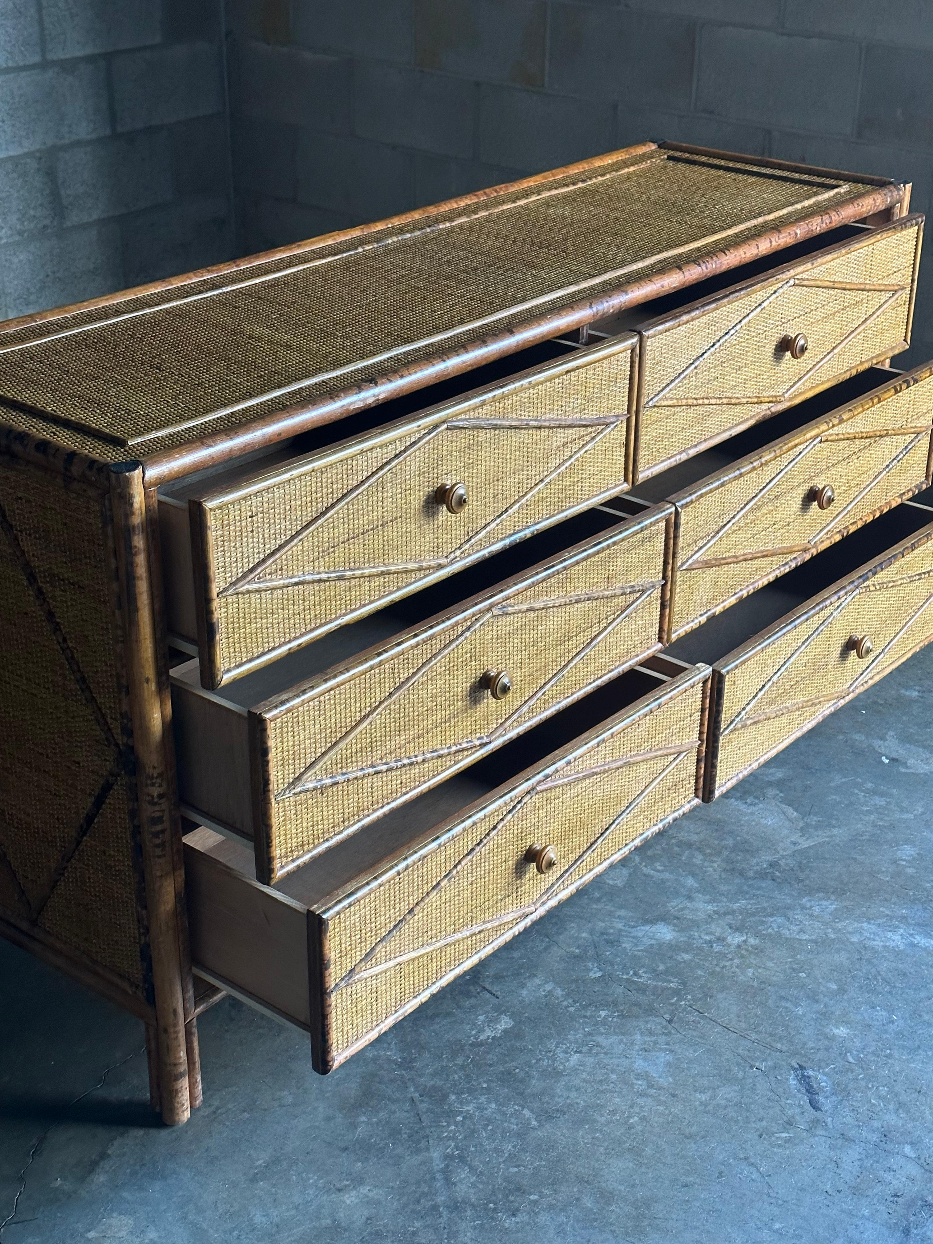 Vintage British Colonial Style Faux Burnt Bamboo and Rattan Lowboy Dresser 3