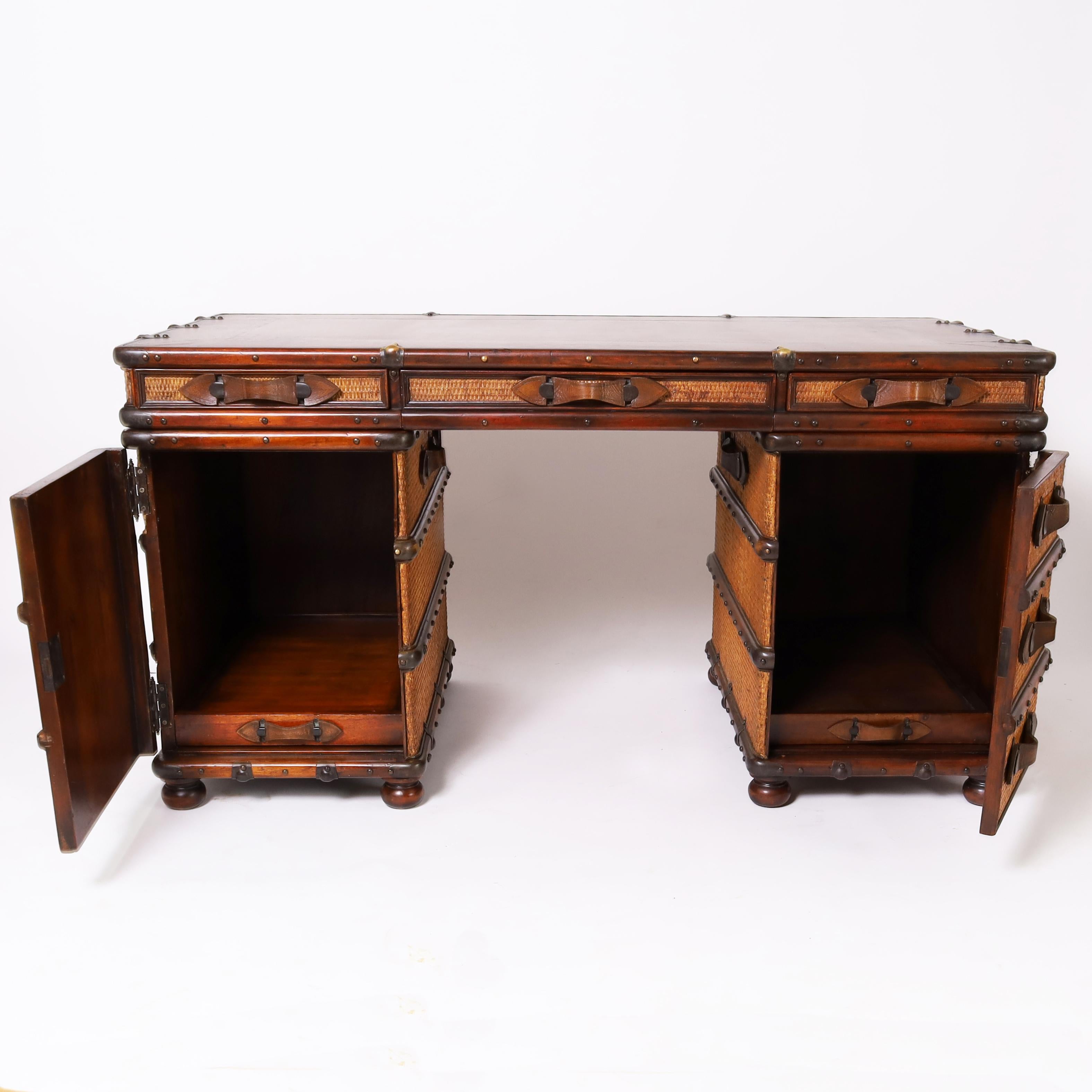 Vintage British Colonial Style Faux Luggage Leather Top Desk For Sale 3