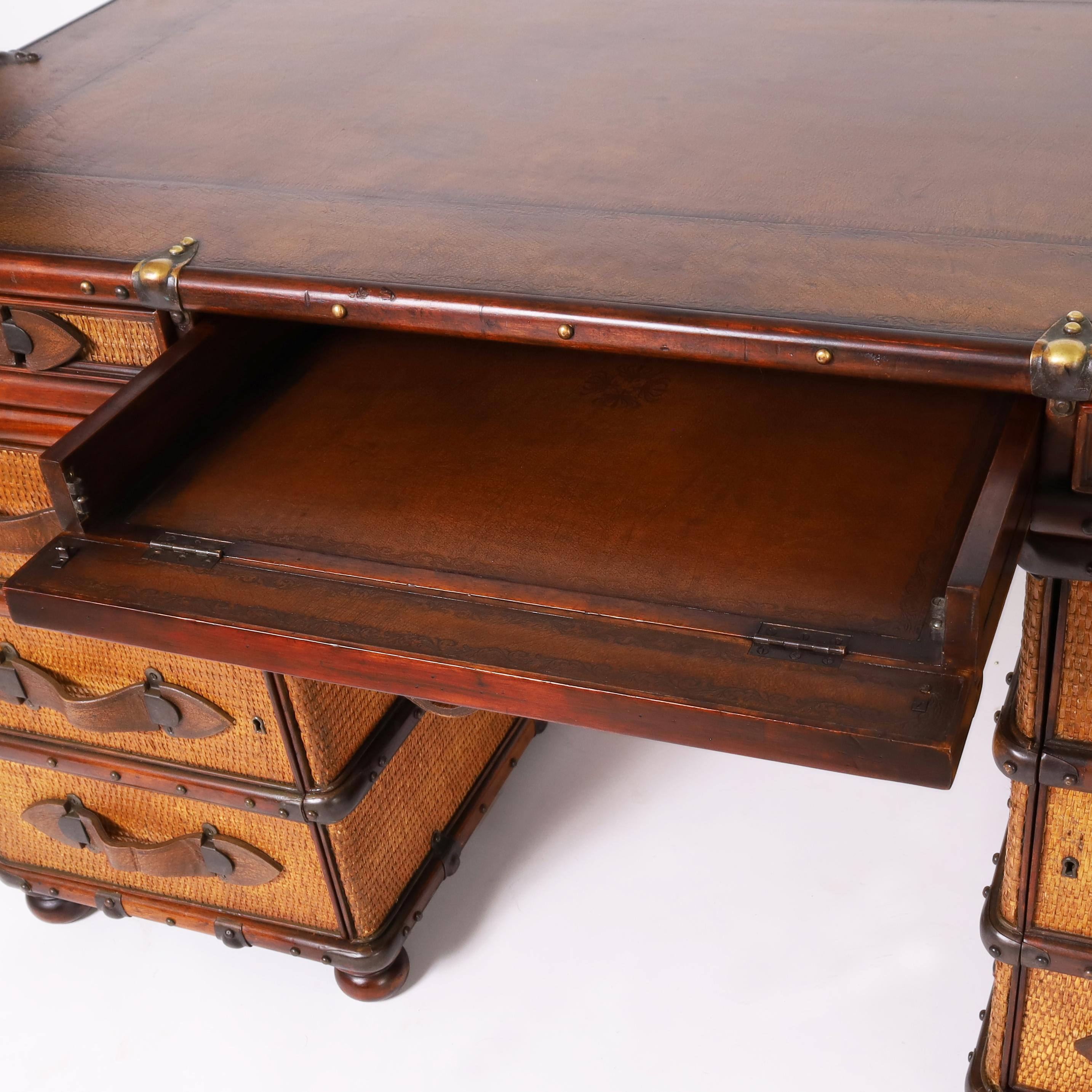 Vintage British Colonial Style Faux Luggage Leather Top Desk For Sale 4