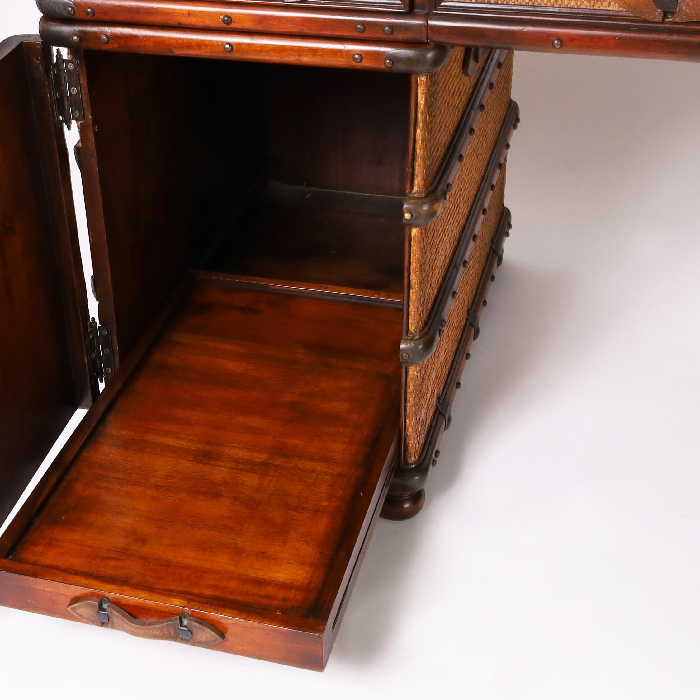 Vintage British Colonial Style Faux Luggage Leather Top Desk For Sale 5