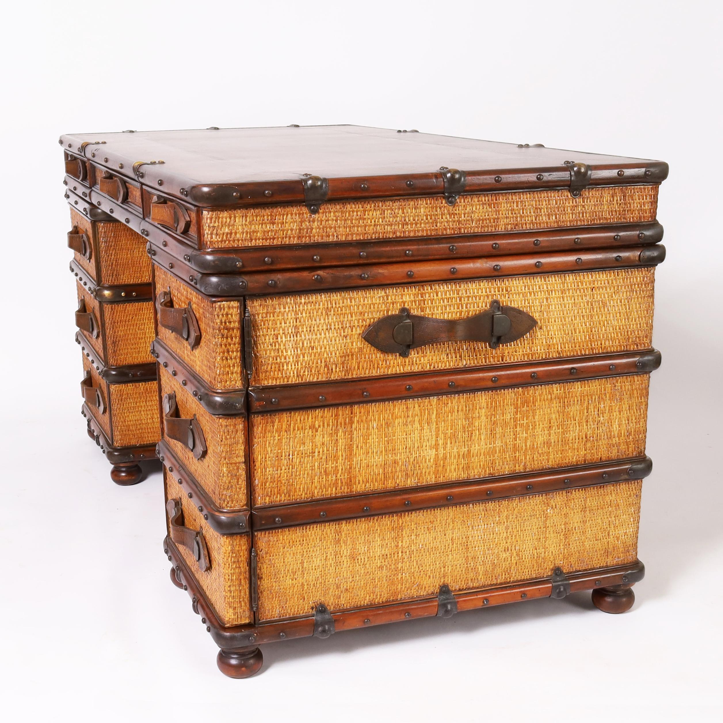 Vietnamese Vintage British Colonial Style Faux Luggage Leather Top Desk For Sale
