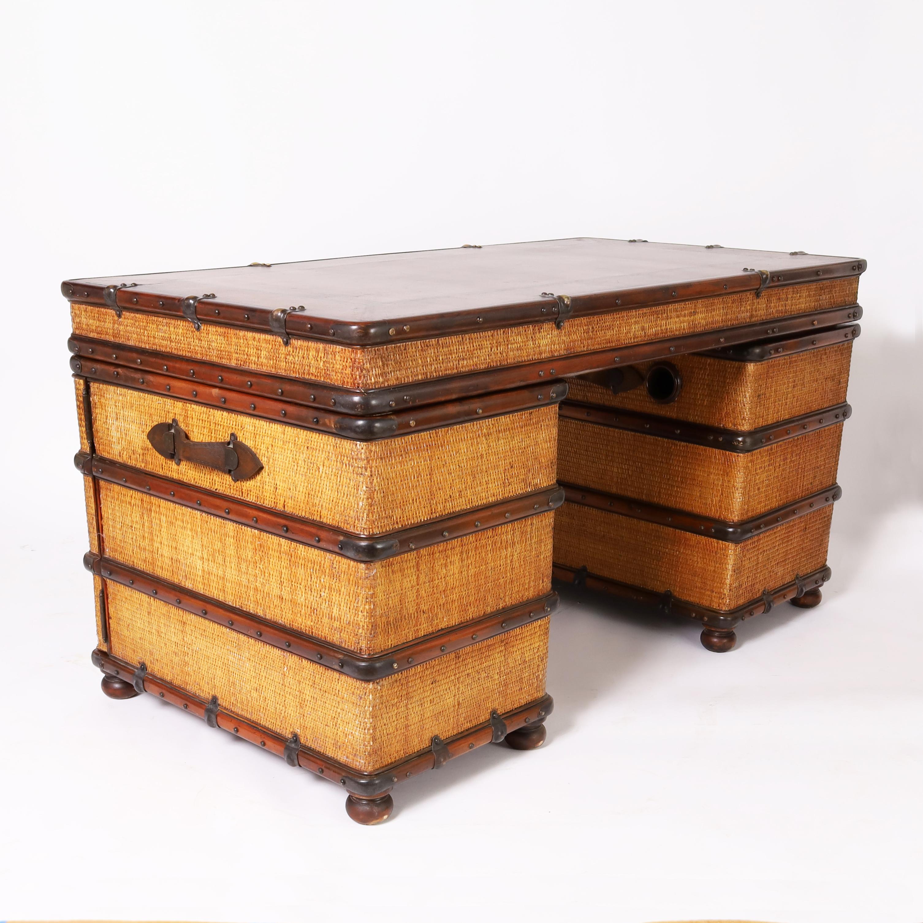 Burnished Vintage British Colonial Style Faux Luggage Leather Top Desk For Sale