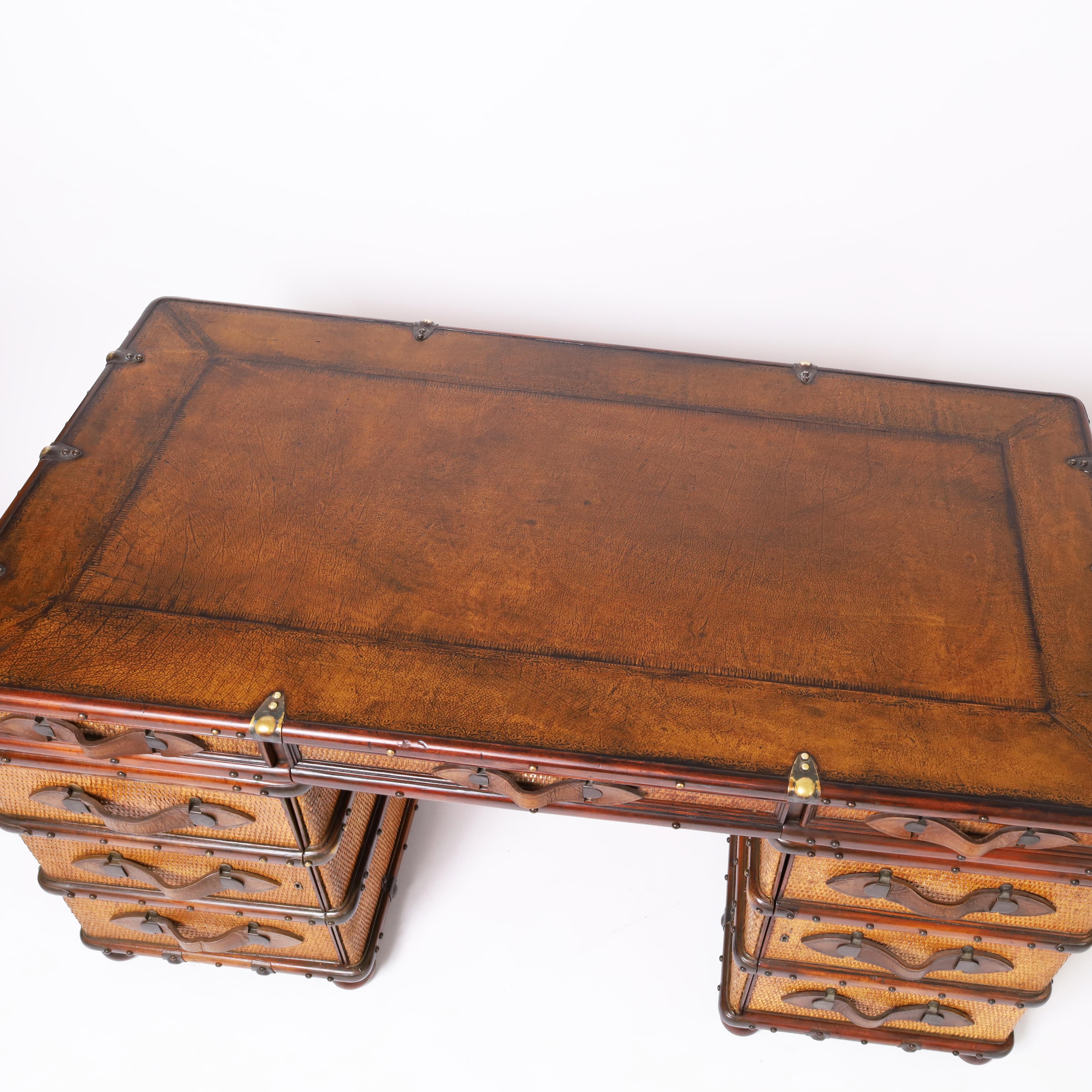 Vintage British Colonial Style Faux Luggage Leather Top Desk In Good Condition For Sale In Palm Beach, FL