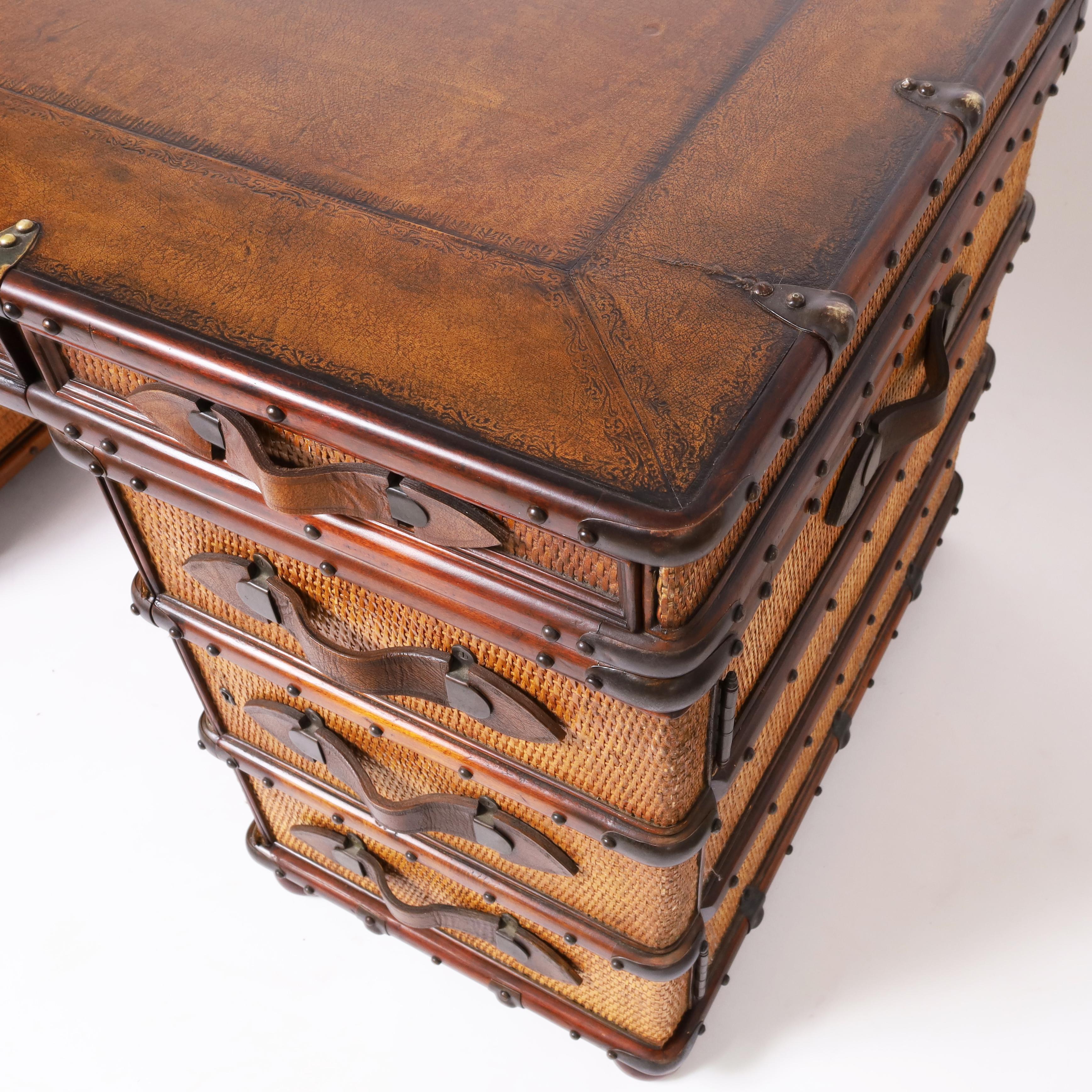 20th Century Vintage British Colonial Style Faux Luggage Leather Top Desk For Sale