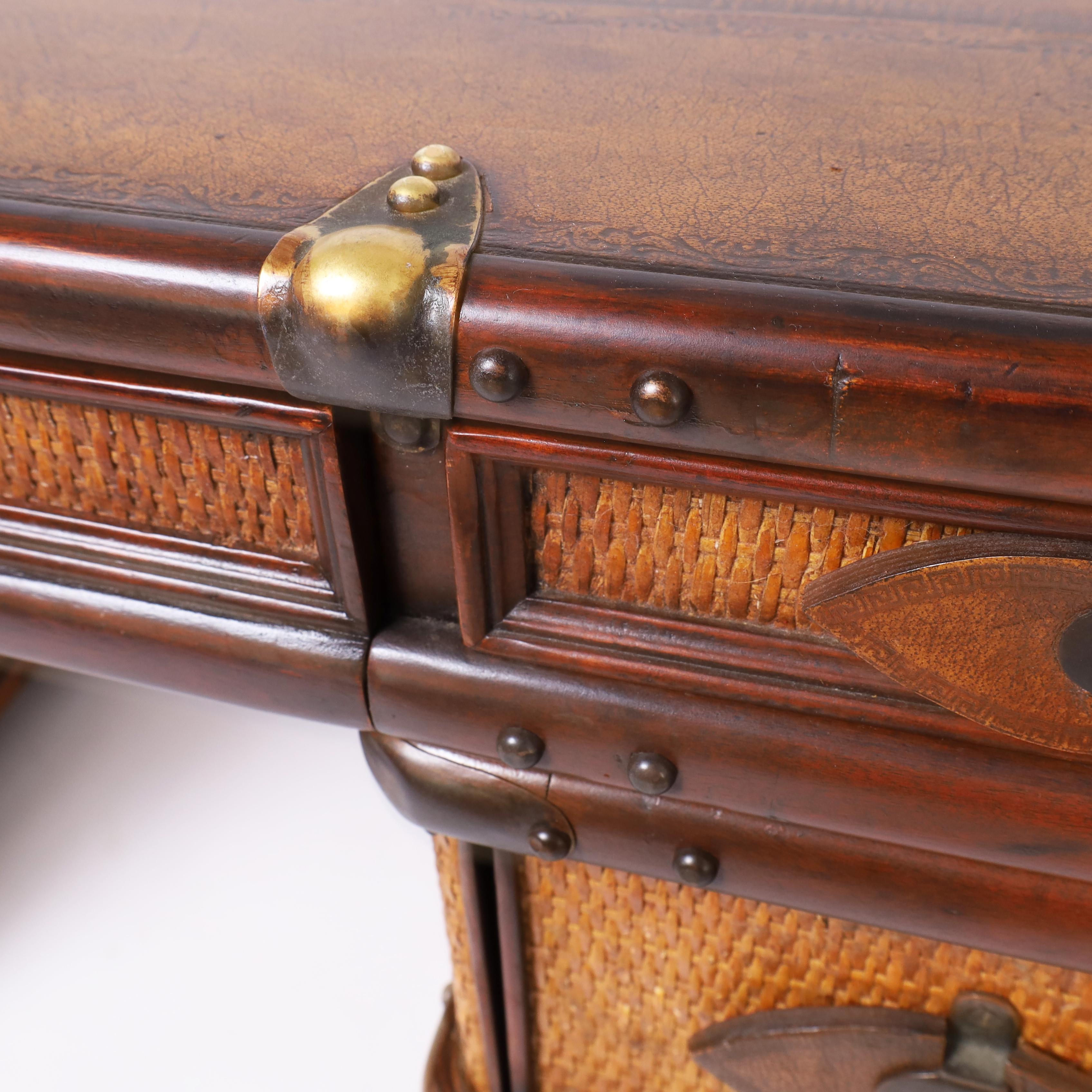 Brass Vintage British Colonial Style Faux Luggage Leather Top Desk For Sale