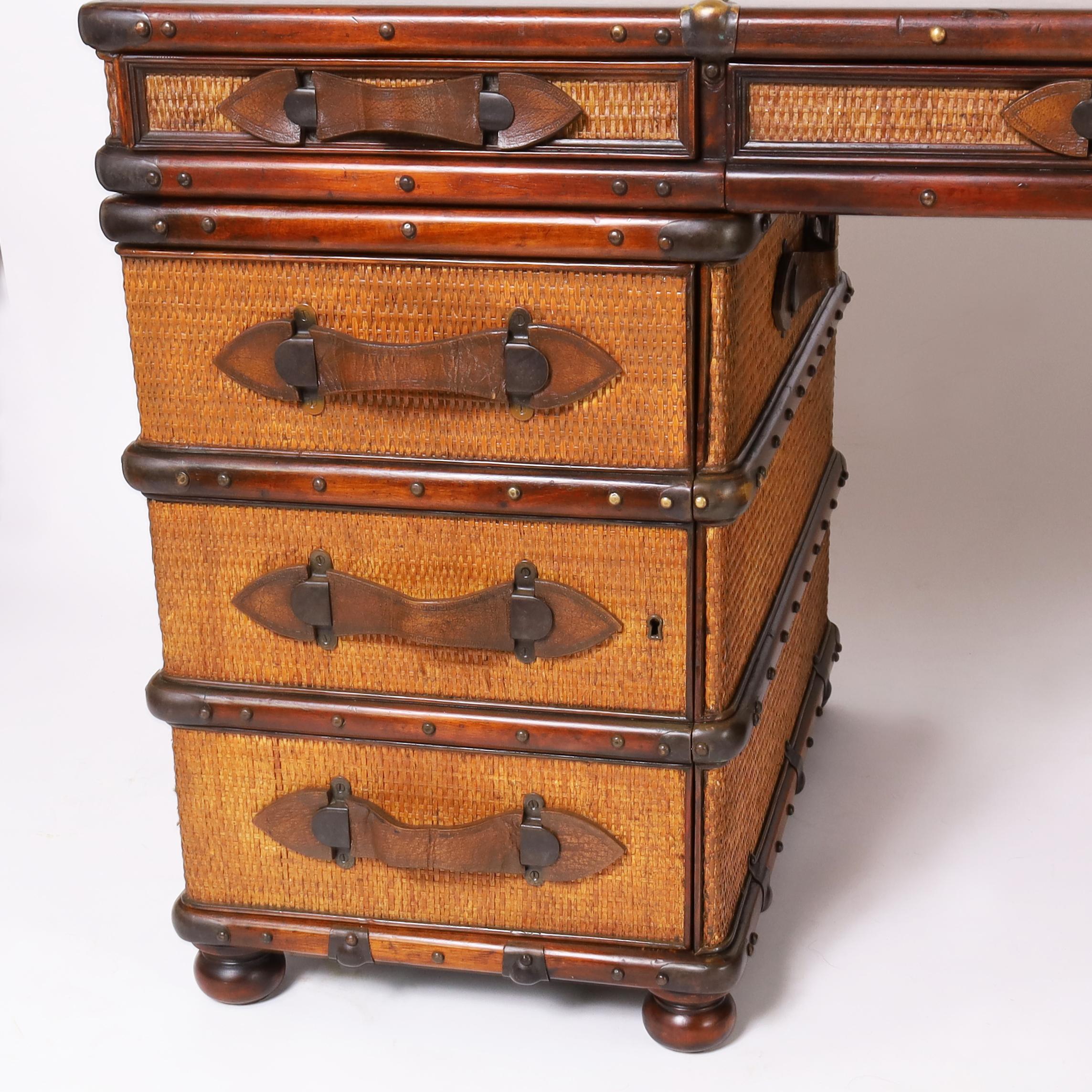 Vintage British Colonial Style Faux Luggage Leather Top Desk For Sale 1