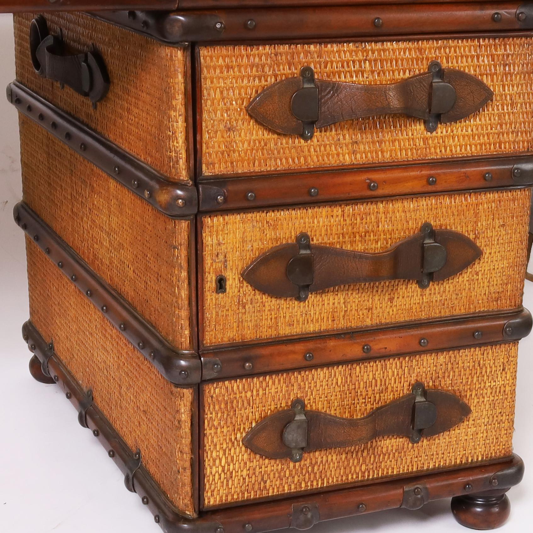 Vintage British Colonial Style Faux Luggage Leather Top Desk For Sale 2