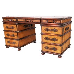 Vintage British Colonial Style Faux Luggage Leather Top Desk