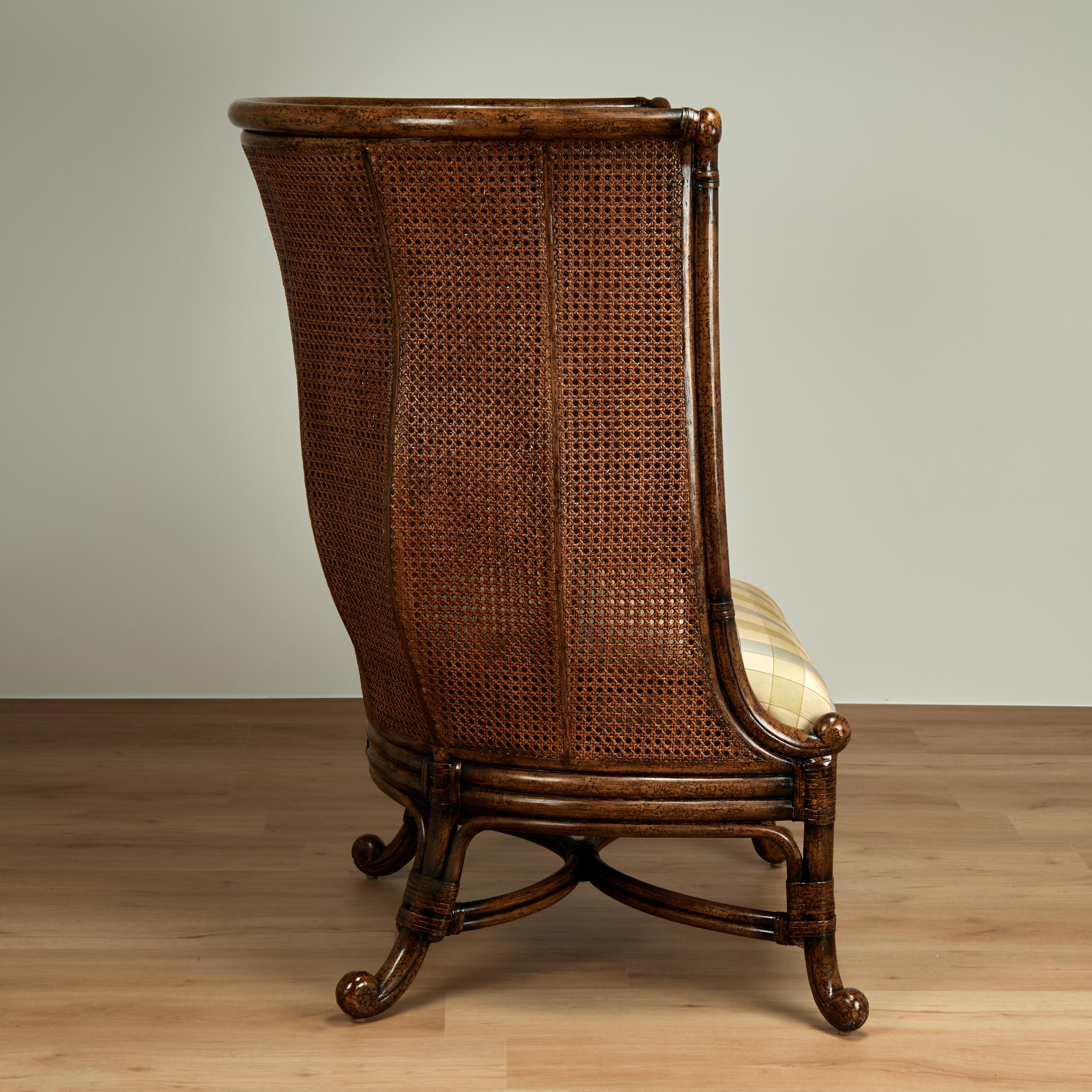 Mid-Century Modern Vintage British Colonial Style Faux Tortoise Caned Wingback For Sale
