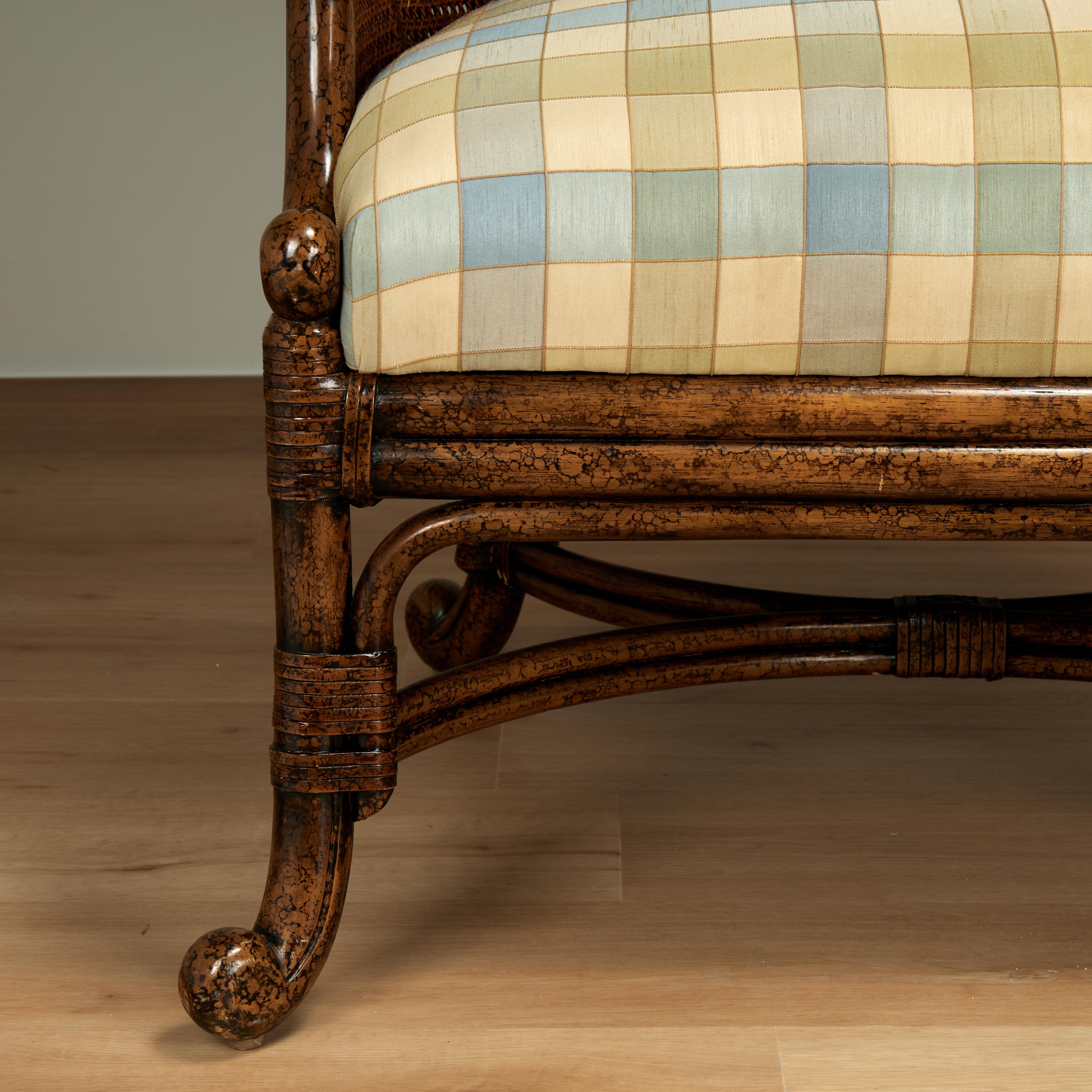 Hand-Crafted Vintage British Colonial Style Faux Tortoise Caned Wingback For Sale