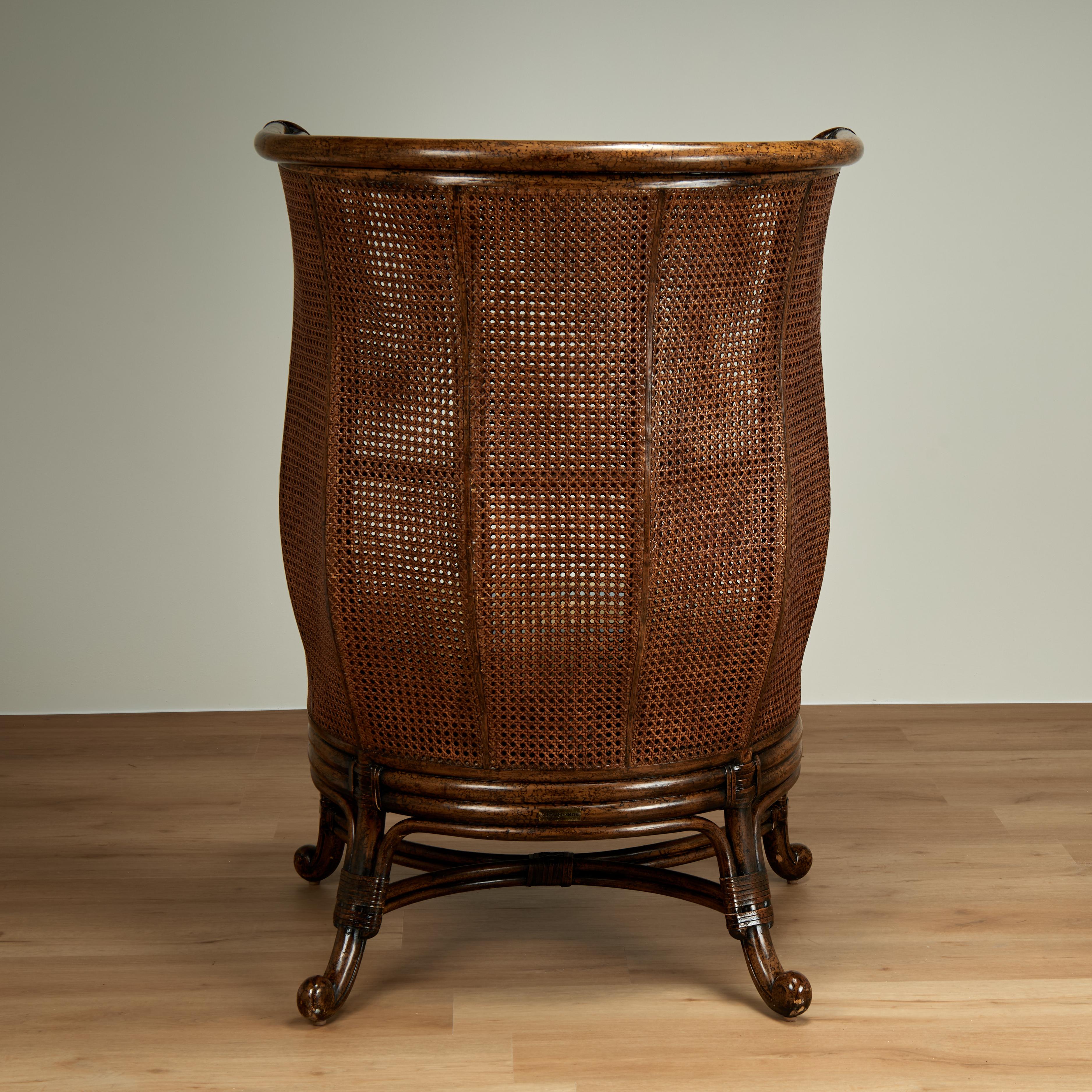 20th Century Vintage British Colonial Style Faux Tortoise Caned Wingback For Sale