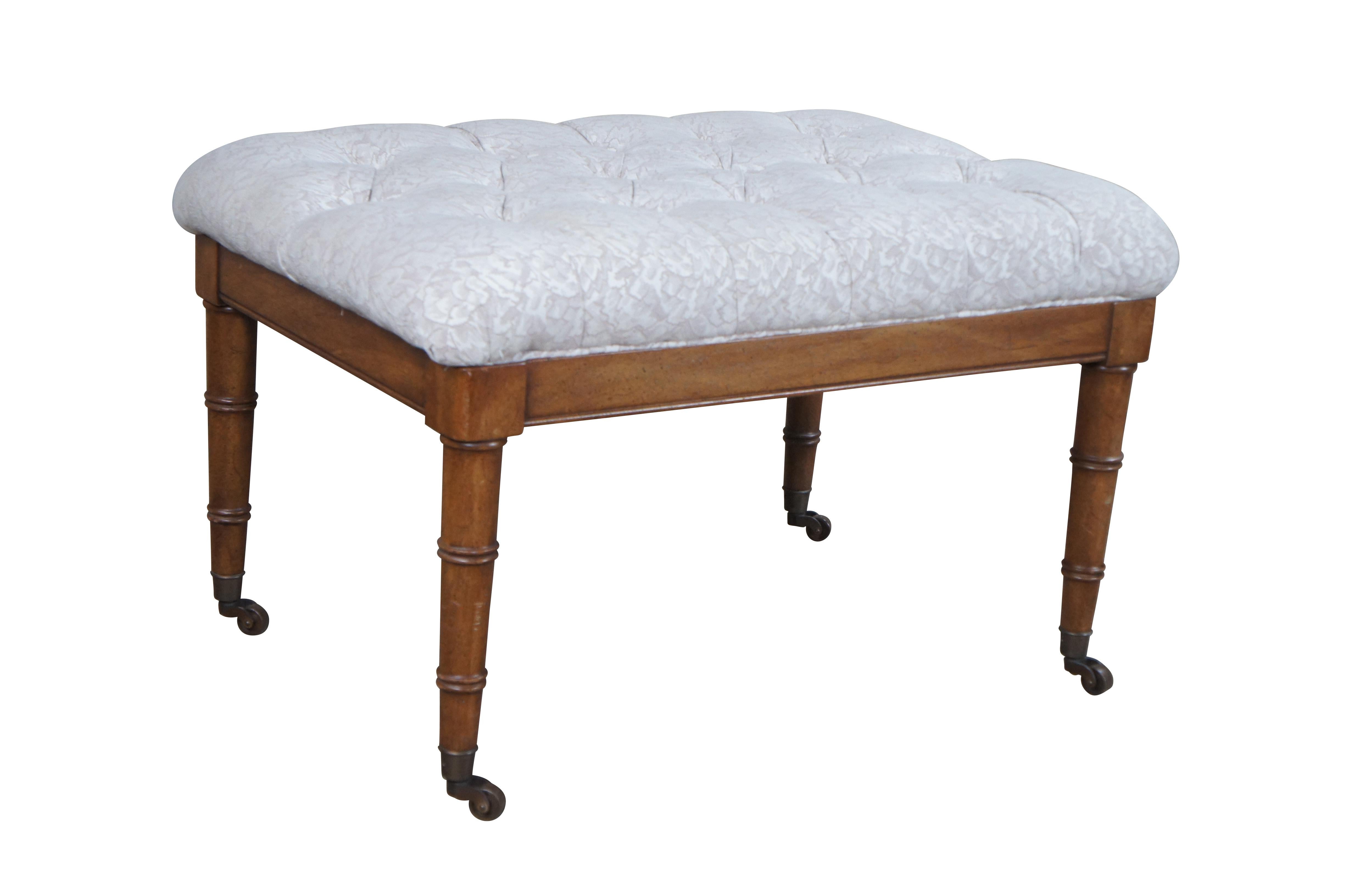 Vintage British Colonial Style Mahogany Upholstered & Tufted Foot Stool Ottoman In Good Condition For Sale In Dayton, OH