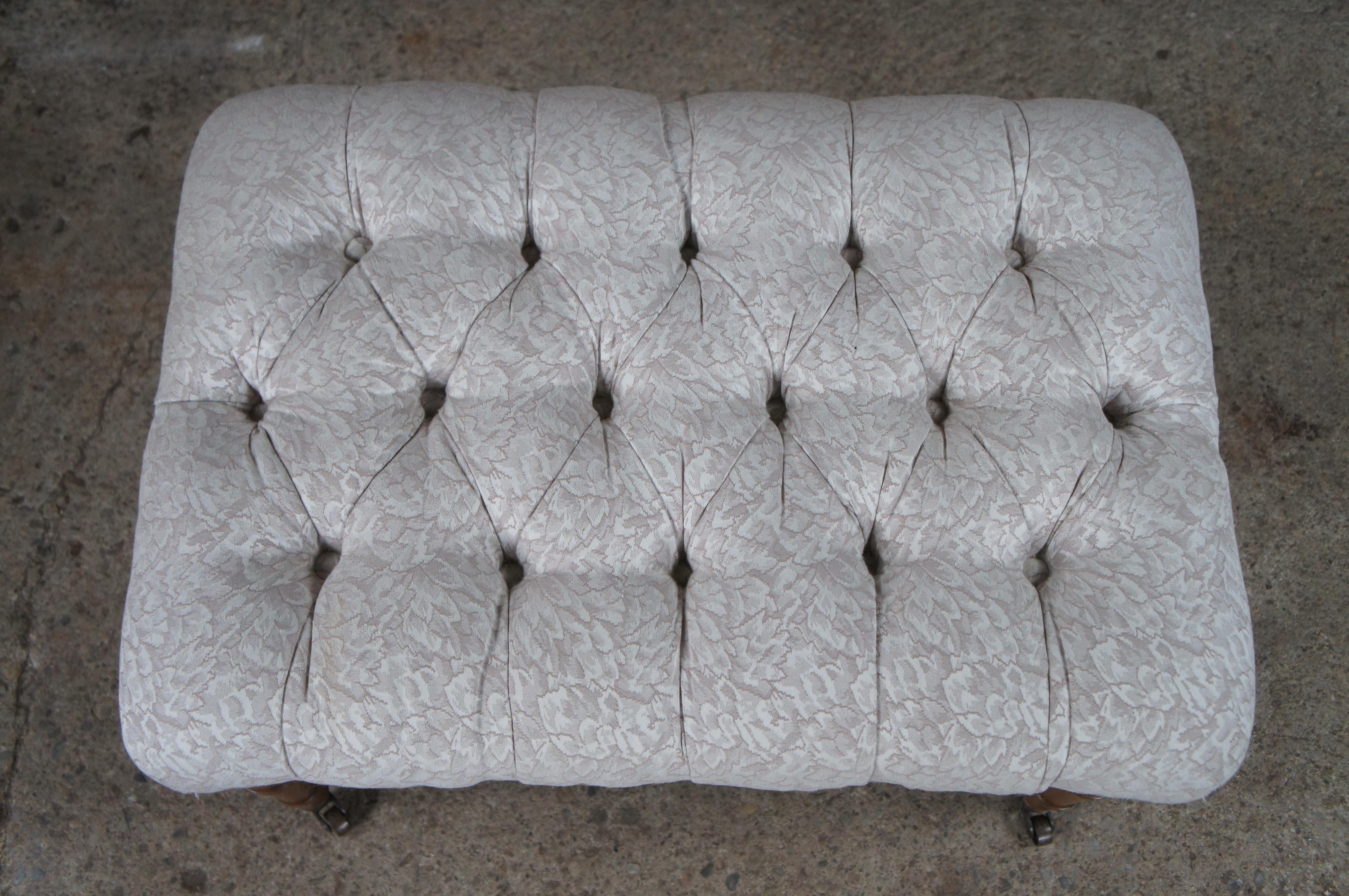 20th Century Vintage British Colonial Style Mahogany Upholstered & Tufted Foot Stool Ottoman For Sale