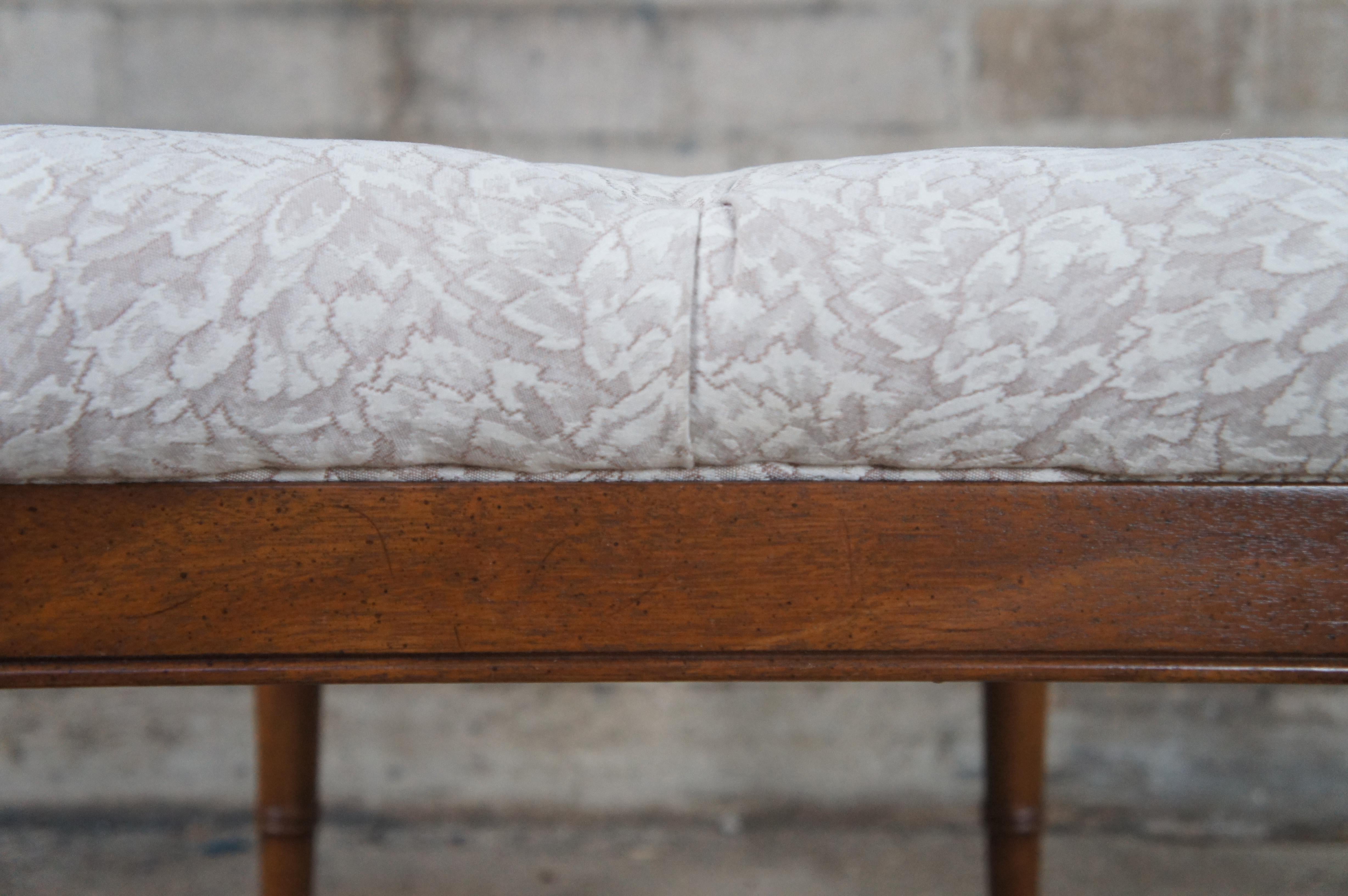 Vintage British Colonial Style Mahogany Upholstered & Tufted Foot Stool Ottoman For Sale 1