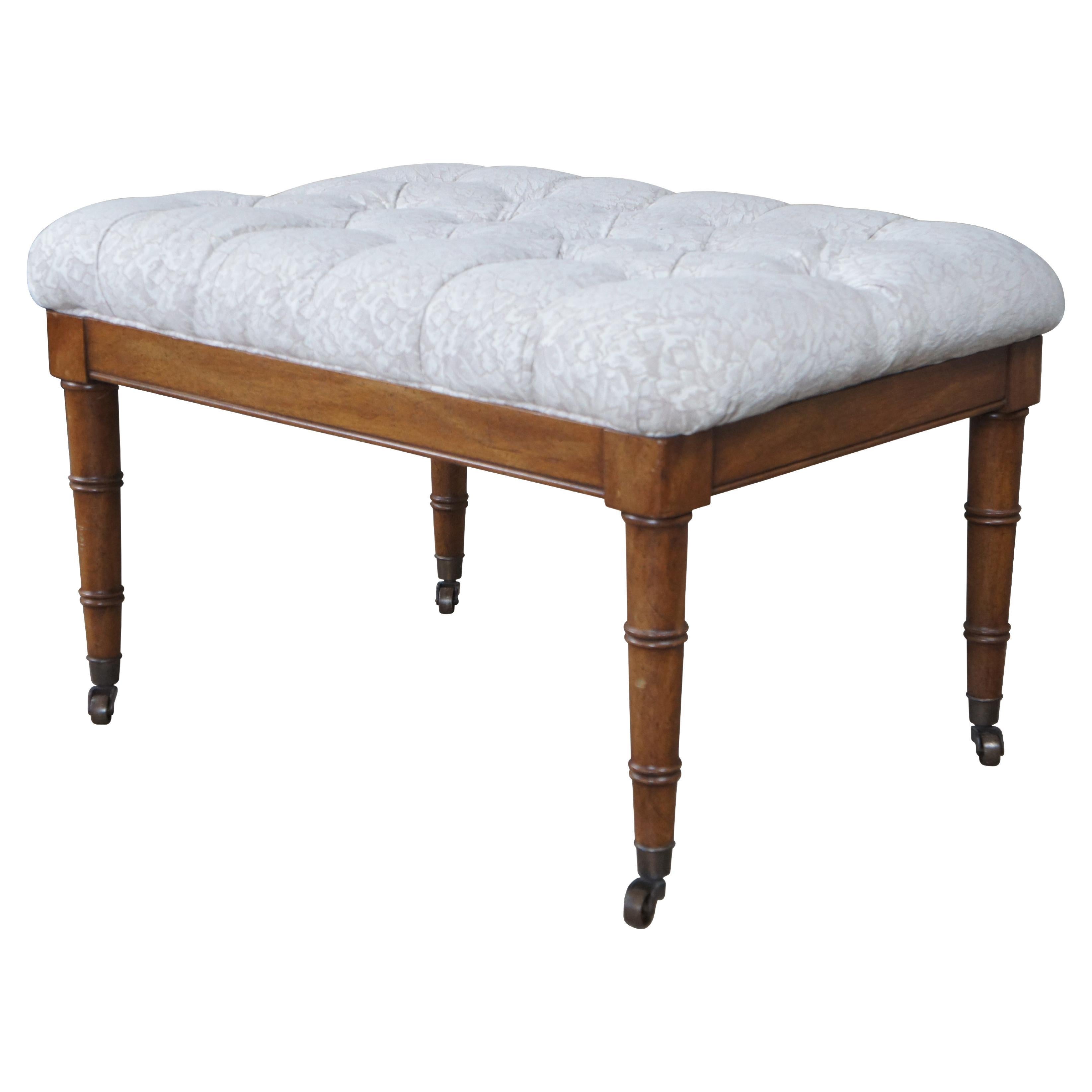 Vintage British Colonial Style Mahogany Upholstered & Tufted Foot Stool Ottoman For Sale