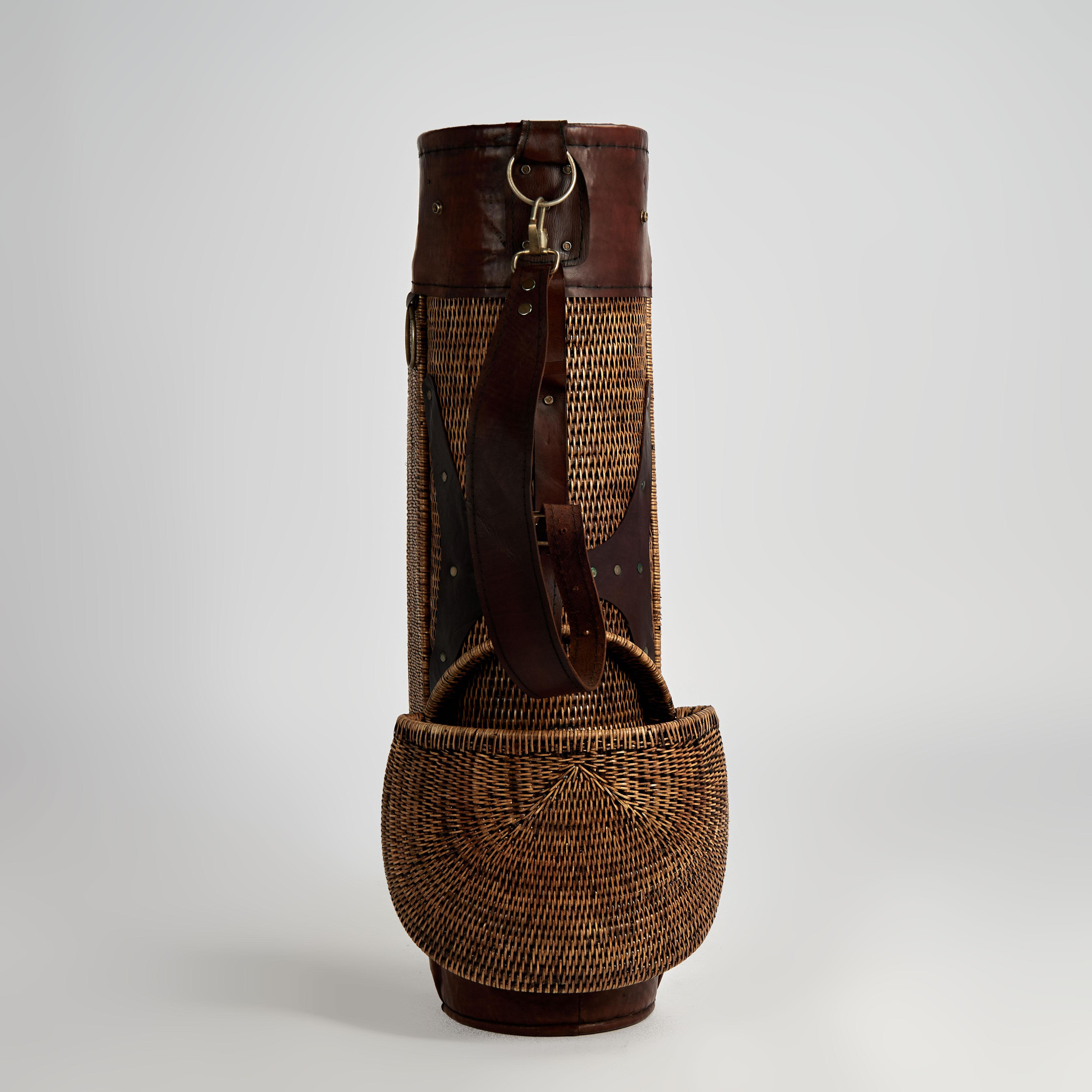 Hand-Crafted Vintage British Colonial Style Wicker Golf Bag For Sale
