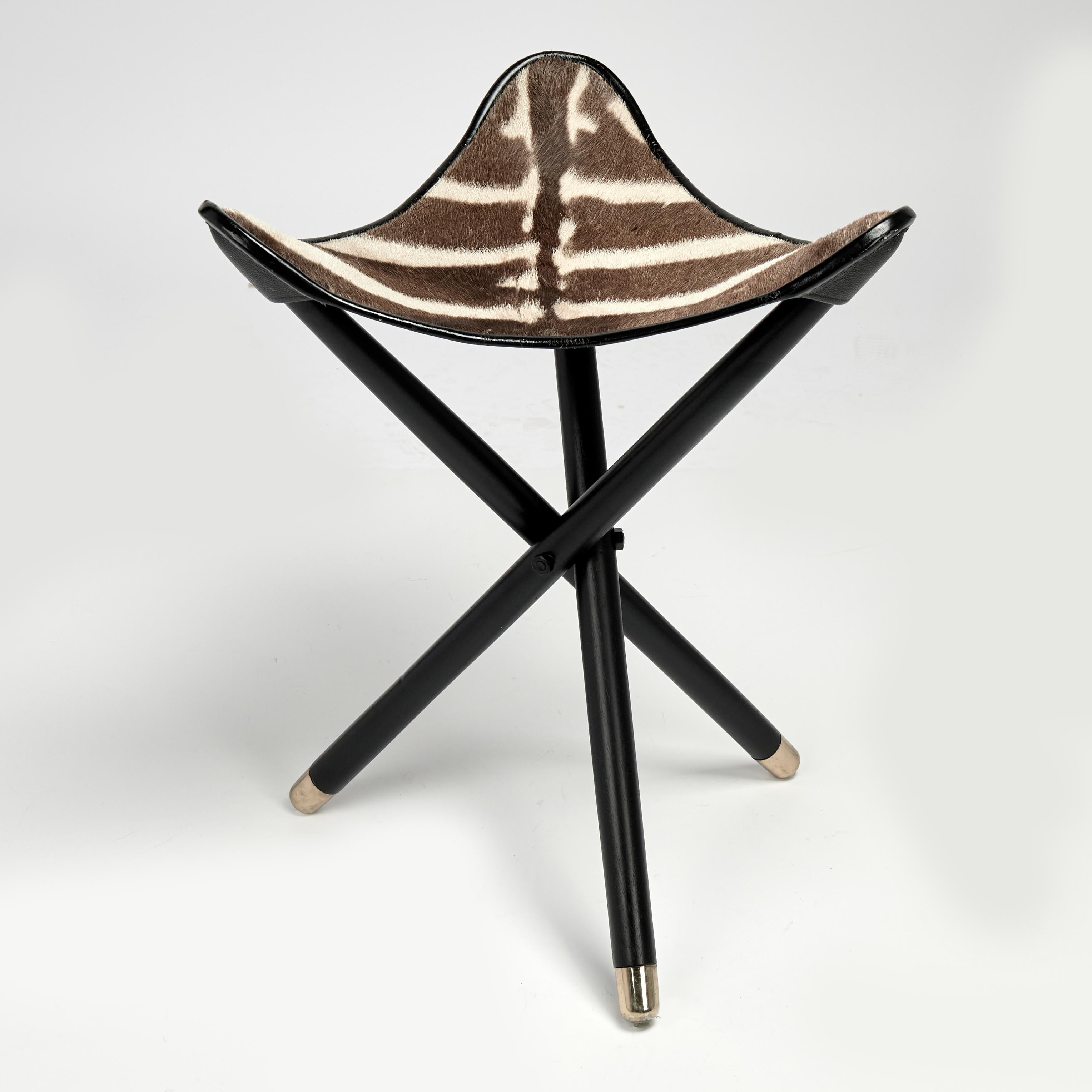 English Vintage British Colonial Style Zebra Safari Folding Stool or Seat For Sale