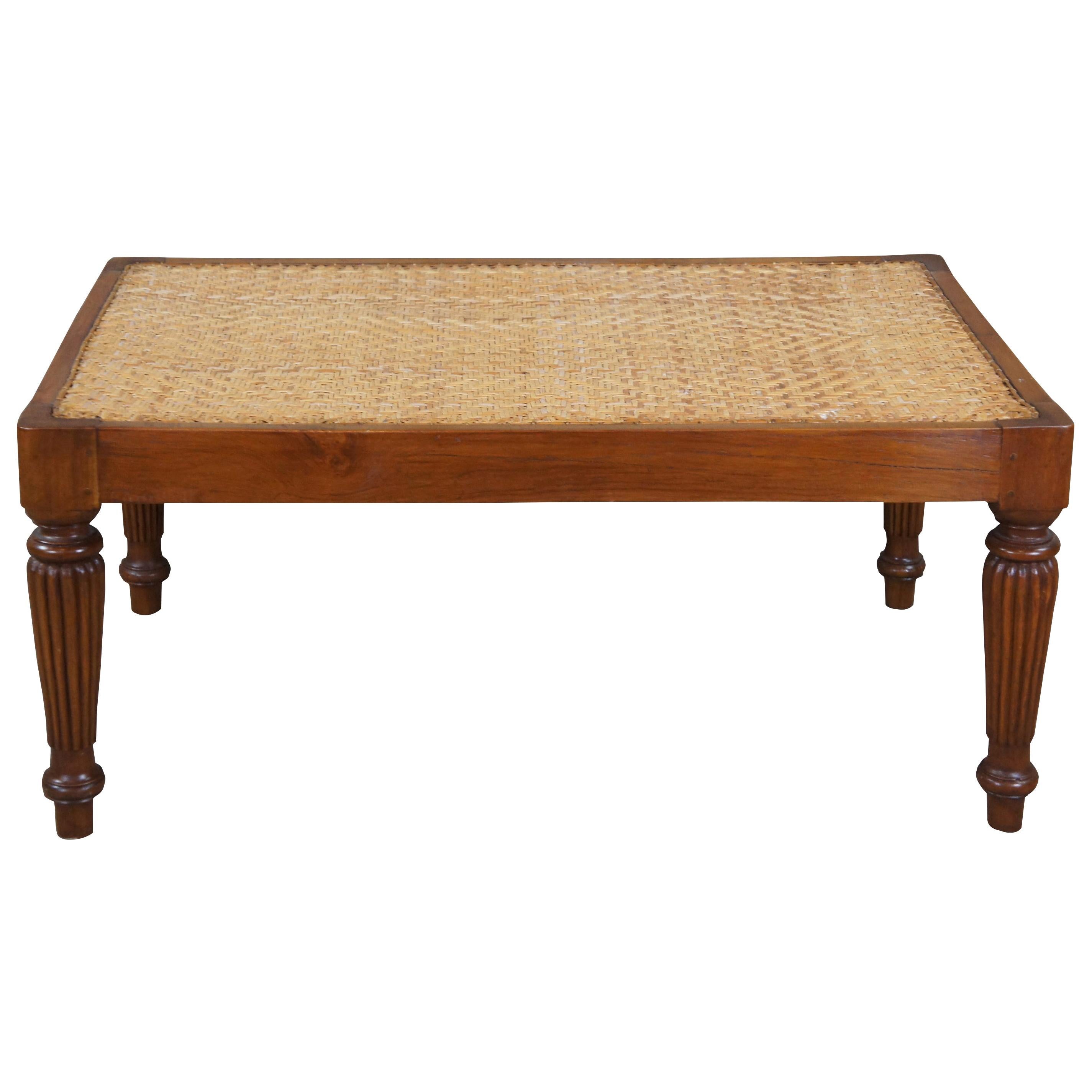 Vintage British Colonial Teak & Woven Rattan Plantation Coffee Table Bench Seat